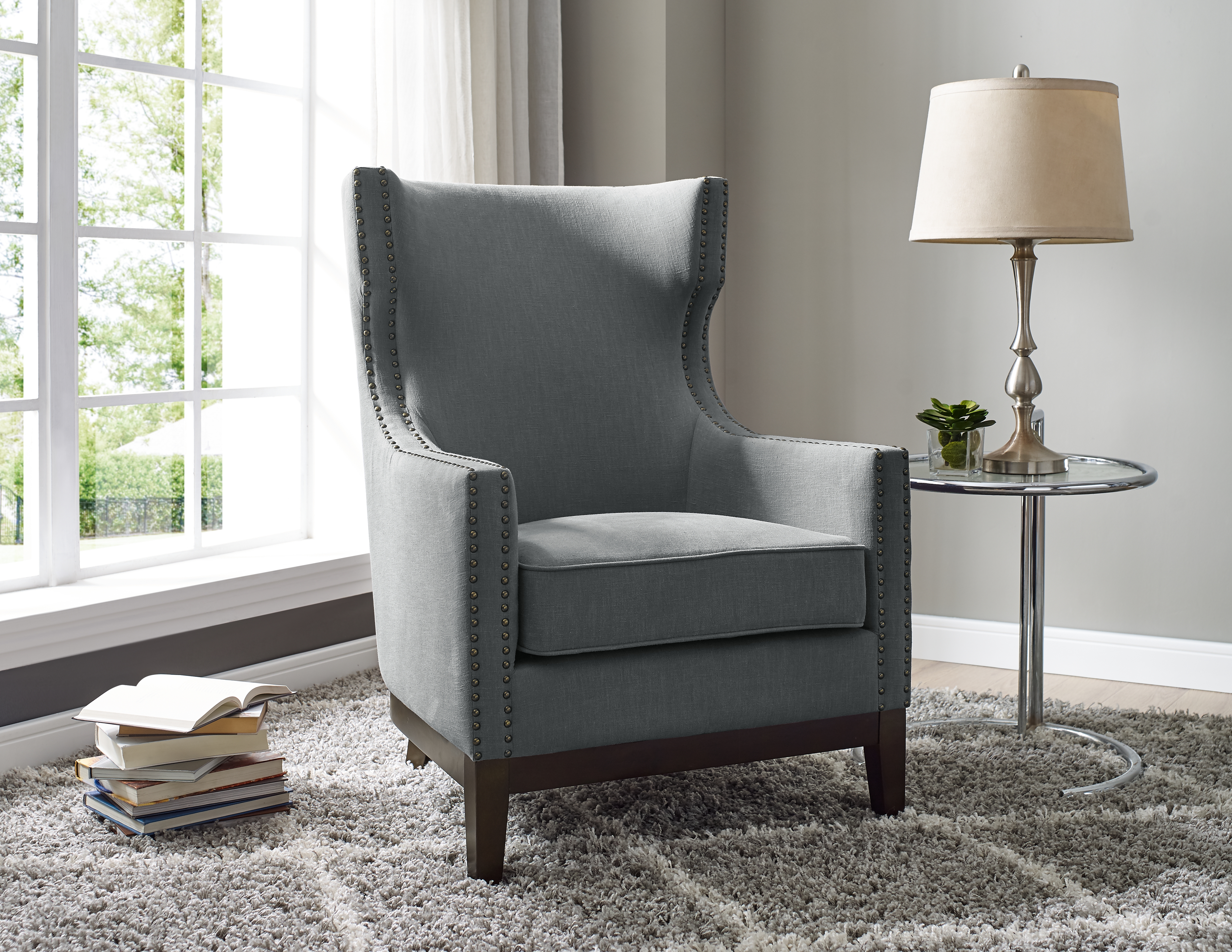 Roswell - Linen Wingback Chair - Dark Gray