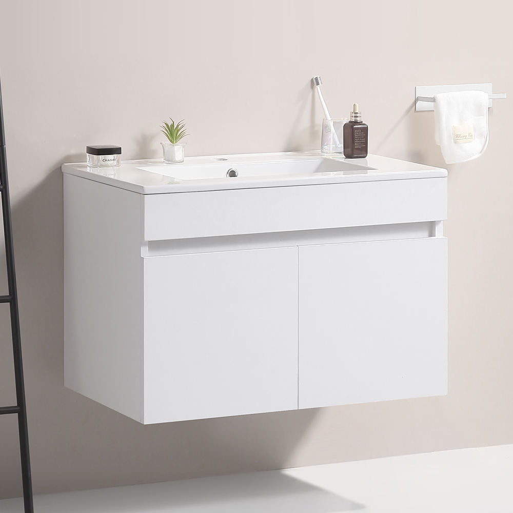 30 Inch Wall Mounted Bathroom Vanity with White Ceramic Basin,Two Soft  Close Cabinet Doors, Solid Wood,Excluding faucets,White