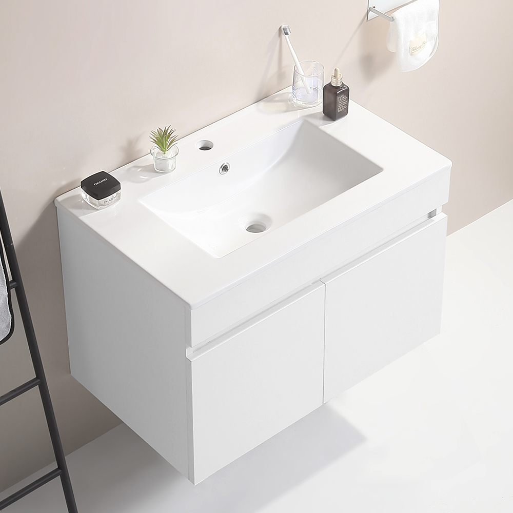 30 Inch Wall Mounted Bathroom Vanity with White Ceramic Basin,Two Soft  Close Cabinet Doors, Solid Wood,Excluding faucets,White