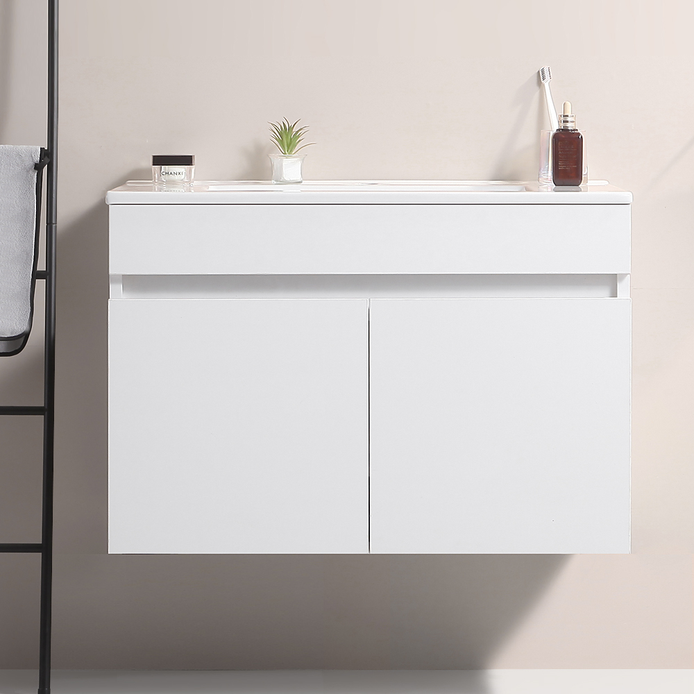 24 Inch Wall Mounted Bathroom Vanity with White Ceramic Basin,Two Soft  Close Cabinet Doors, Solid Wood,Excluding faucets,White