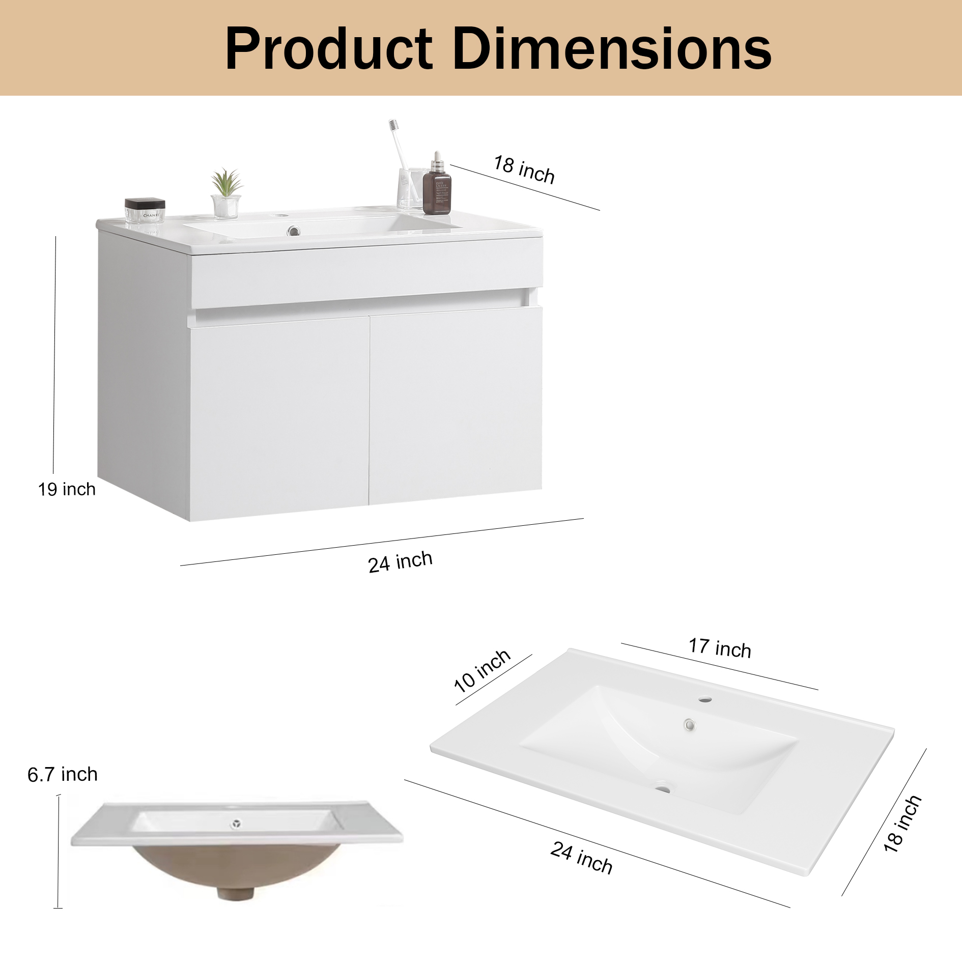 24 Inch Wall Mounted Bathroom Vanity with White Ceramic Basin,Two Soft  Close Cabinet Doors, Solid Wood,Excluding faucets,White