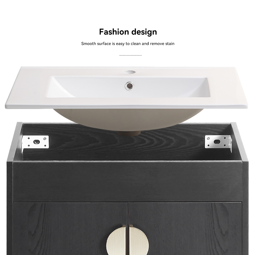 24" Bathroom Vanity,with White Ceramic Basin,Two Cabinet Doors withMetal Handle ,Solid Wood,Excluding faucets,Black