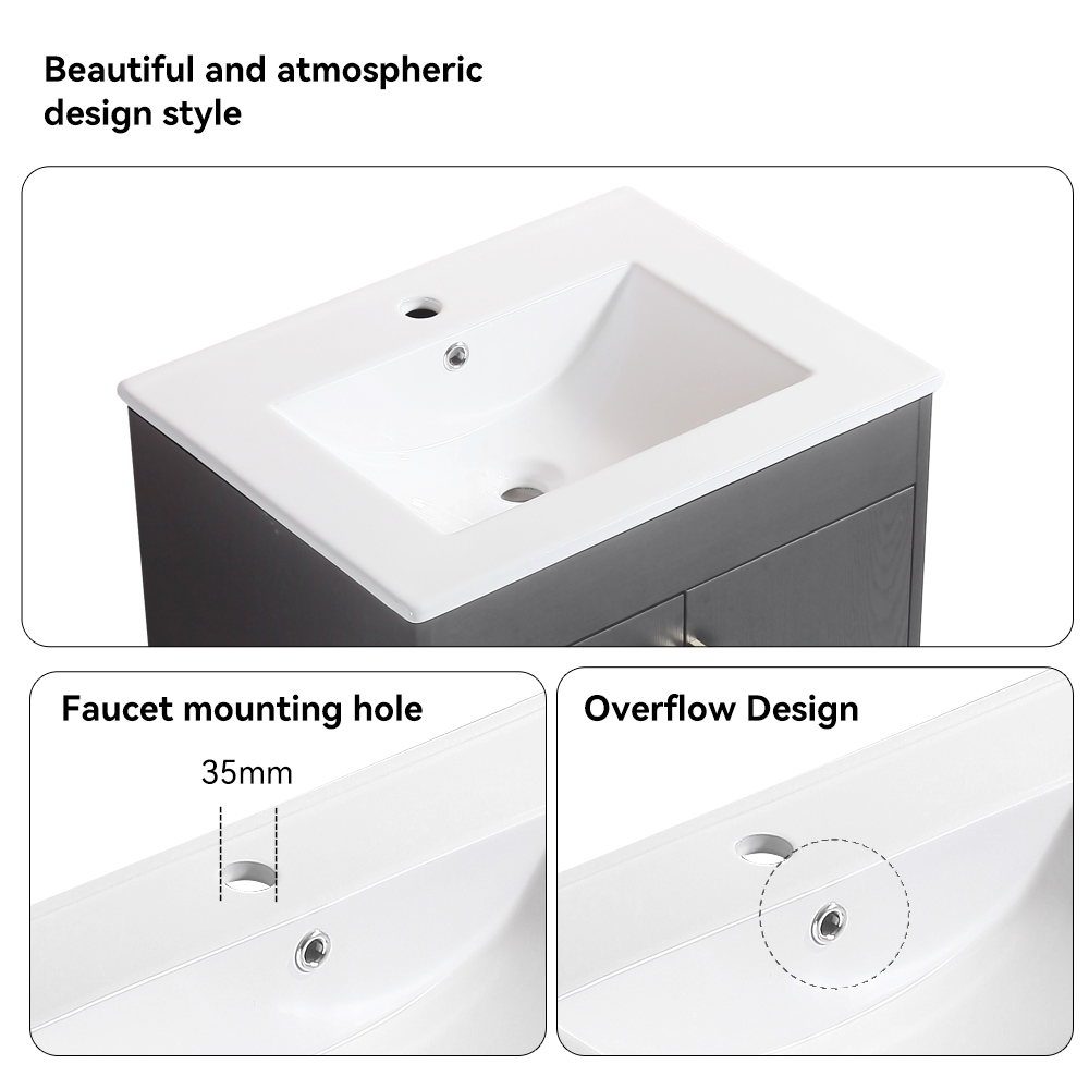 24" Bathroom Vanity,with White Ceramic Basin,Two Cabinet Doors withMetal Handle ,Solid Wood,Excluding faucets,Black