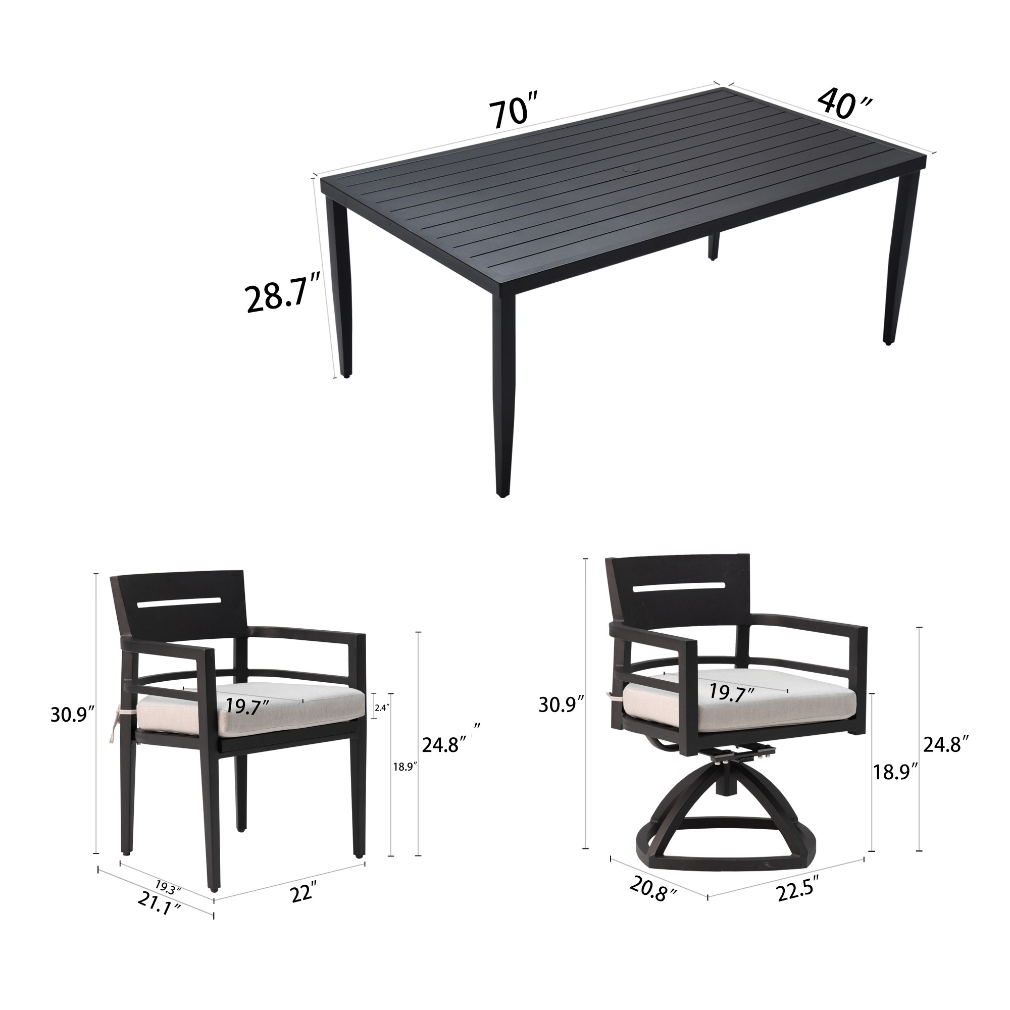 7-Piece Outdoor Patio Aluminum Furniture, Modern Dining Set, including 4 Dining Chairs & 2 Swivel Rockers Sunbrella Fabric Cushioned and Rectangle Dining Table with Umbrella Hole, Ember Black