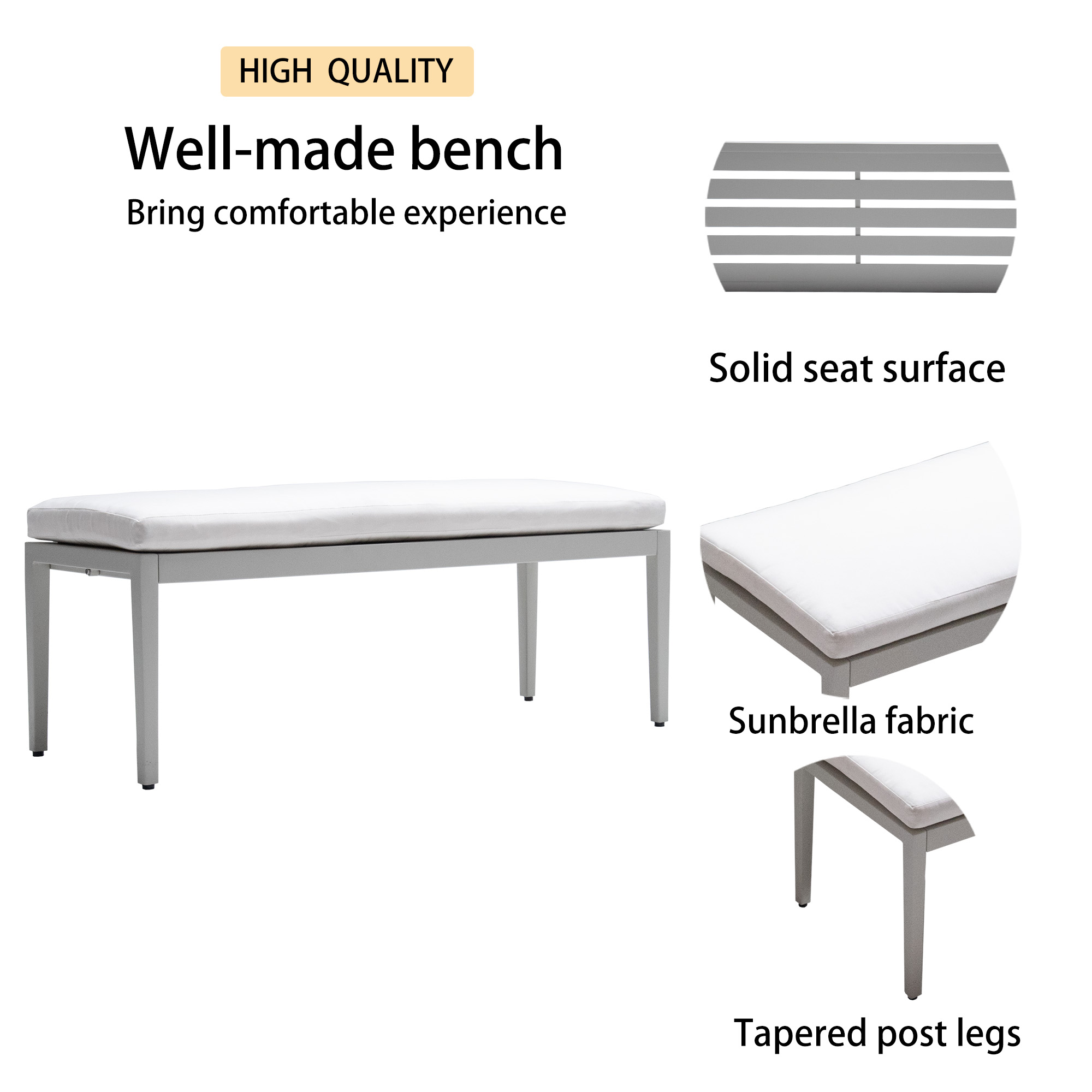 6PC Patio Aluminum Furniture, Modern Dining Set, including 4 Dining Chairs & 1 Dining Bench Sunbrella Fabric Cushioned and Two-tone Table Top Rectangle Table with Umbrella Hole, Matte White+Grayish