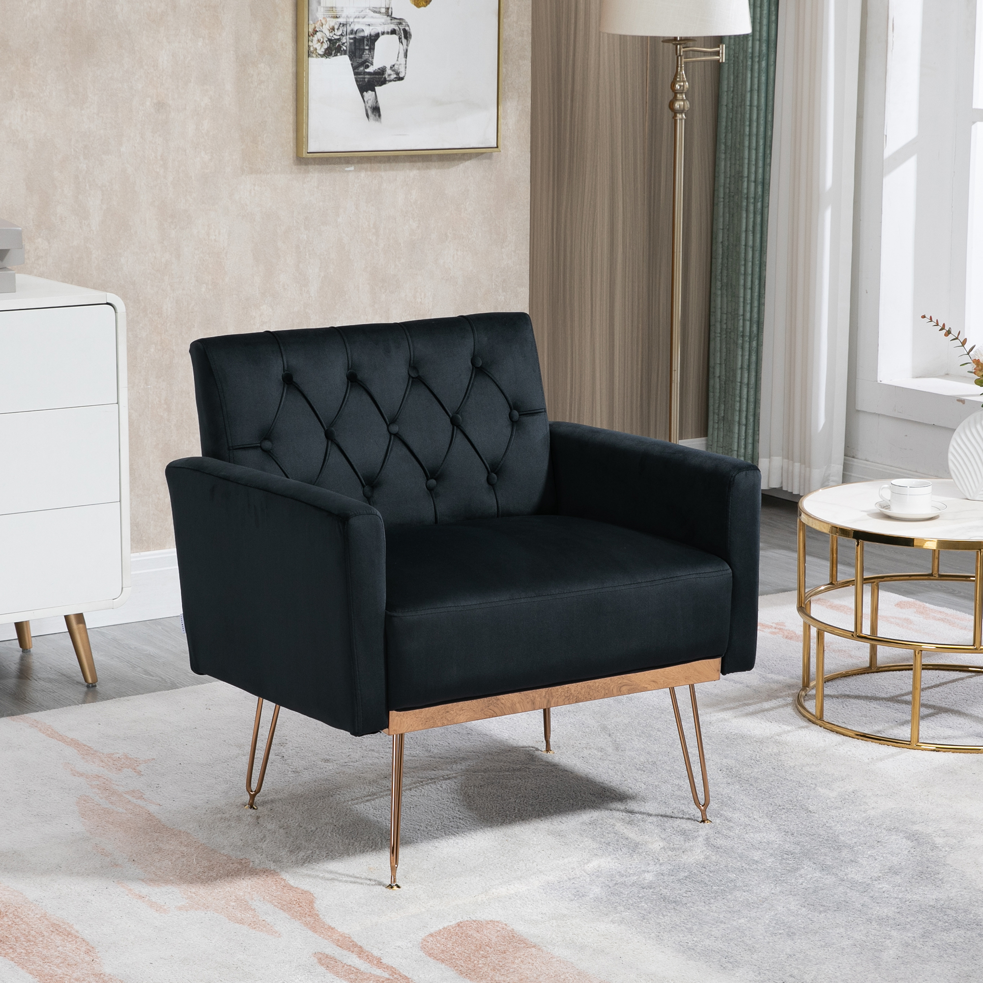 COOLMORE Velvet Armchair Single Sofa Modern Tufted Upholstered Side Reading Chairs with Arm and Gold Metal Leg for Living Room Bedroom ( Black )