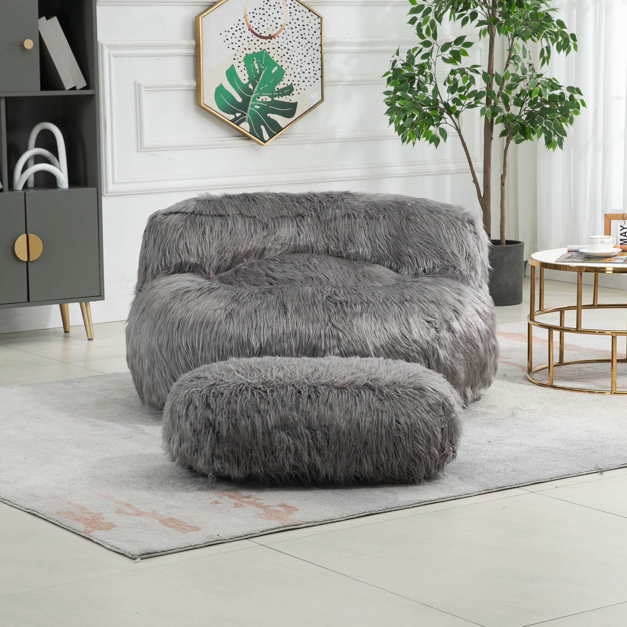 COOLMORE Bean Bag Chair, Floor Sofa with Handle,Accent Sofa Chair with Ottoman for Gaming Reading Relaxing (Gray)