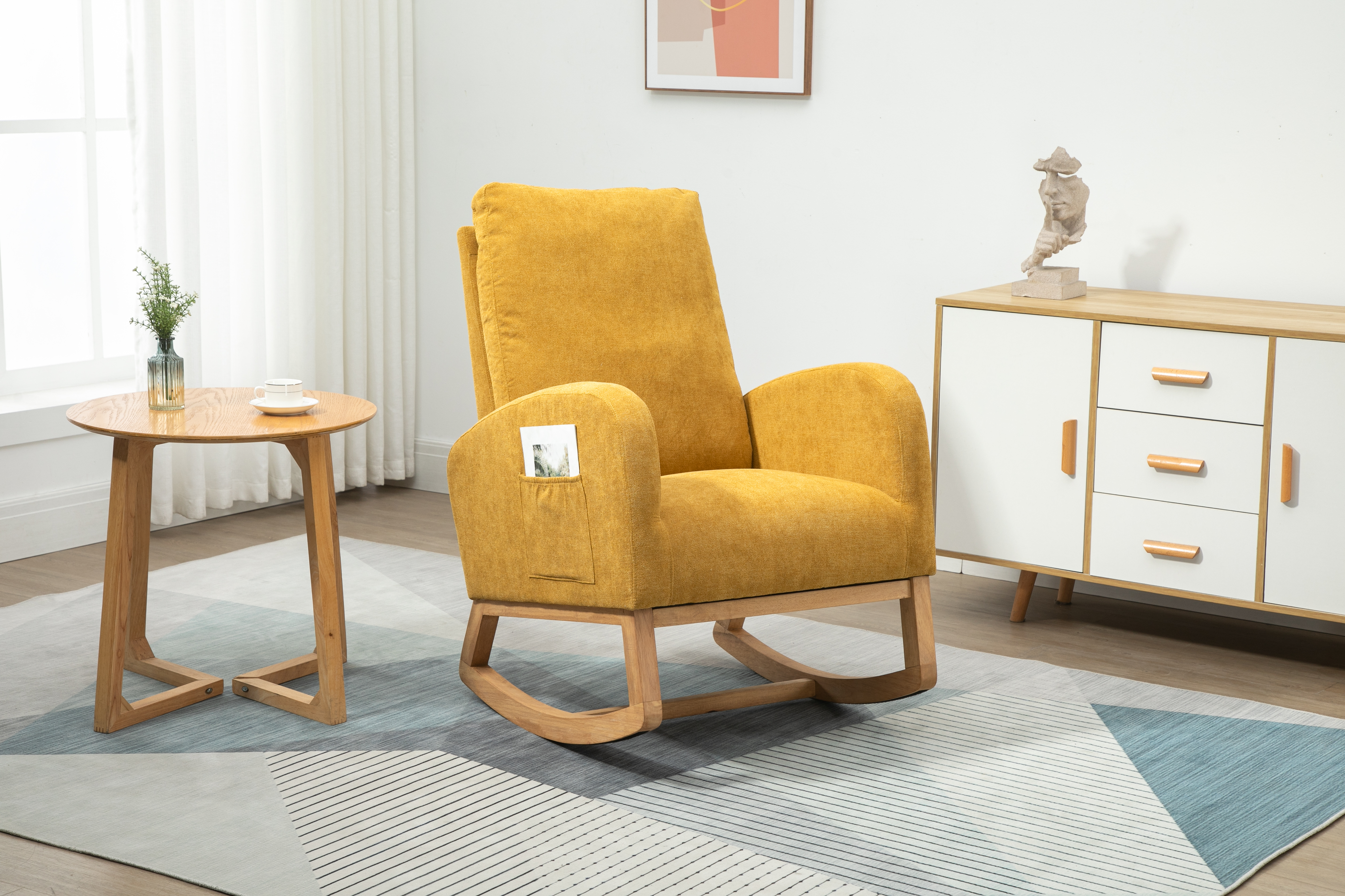 COOLMORE Rocking Chair, Modern Glider Chair, Recliner Armchair with Wood Legs and Side Pocket, Nursery Rocking Accent Chair with High Back for Living Room Bedroom (Mustard Yellow linen)