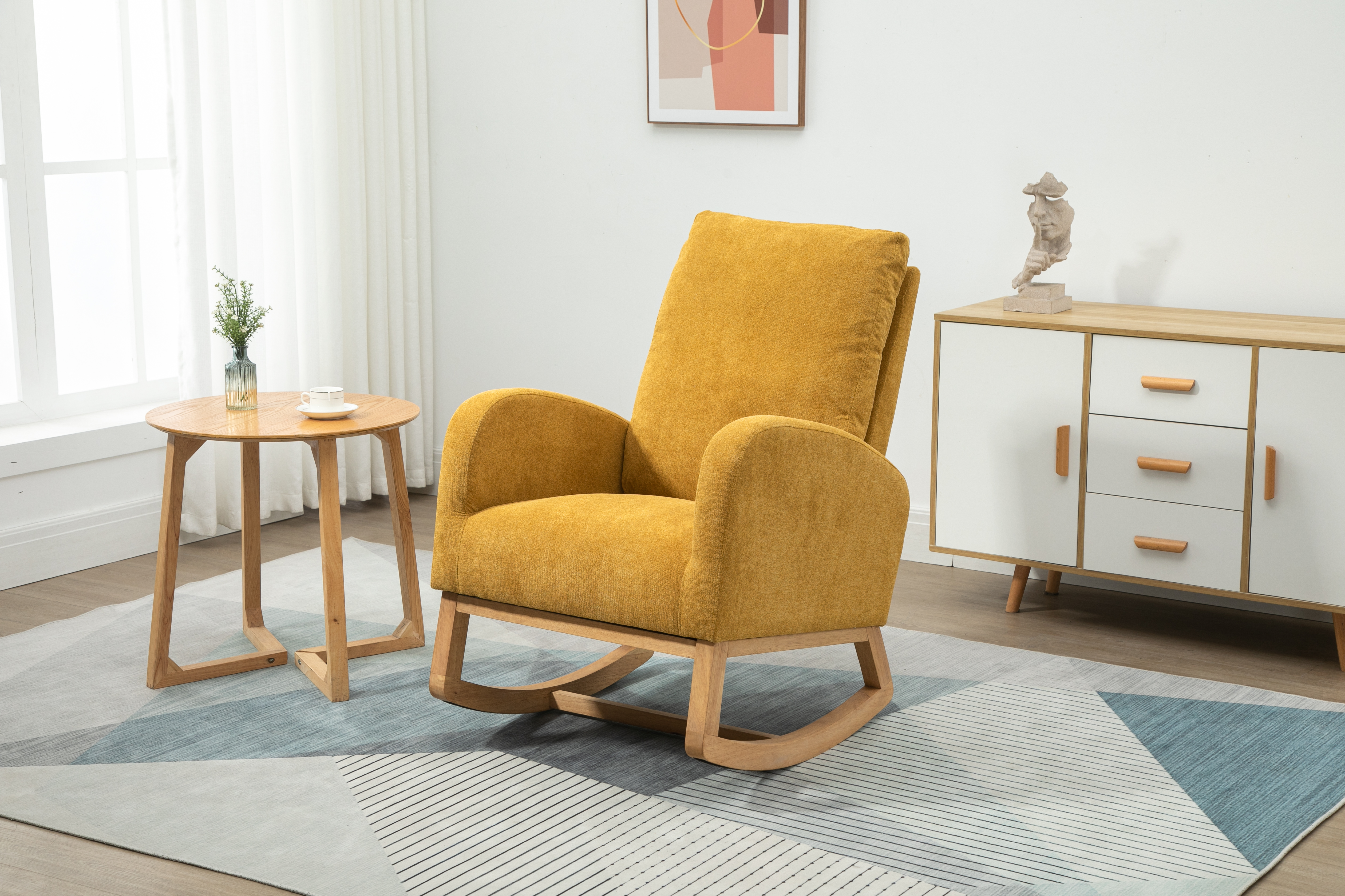 COOLMORE Rocking Chair, Modern Glider Chair, Recliner Armchair with Wood Legs and Side Pocket, Nursery Rocking Accent Chair with High Back for Living Room Bedroom (Mustard Yellow linen)