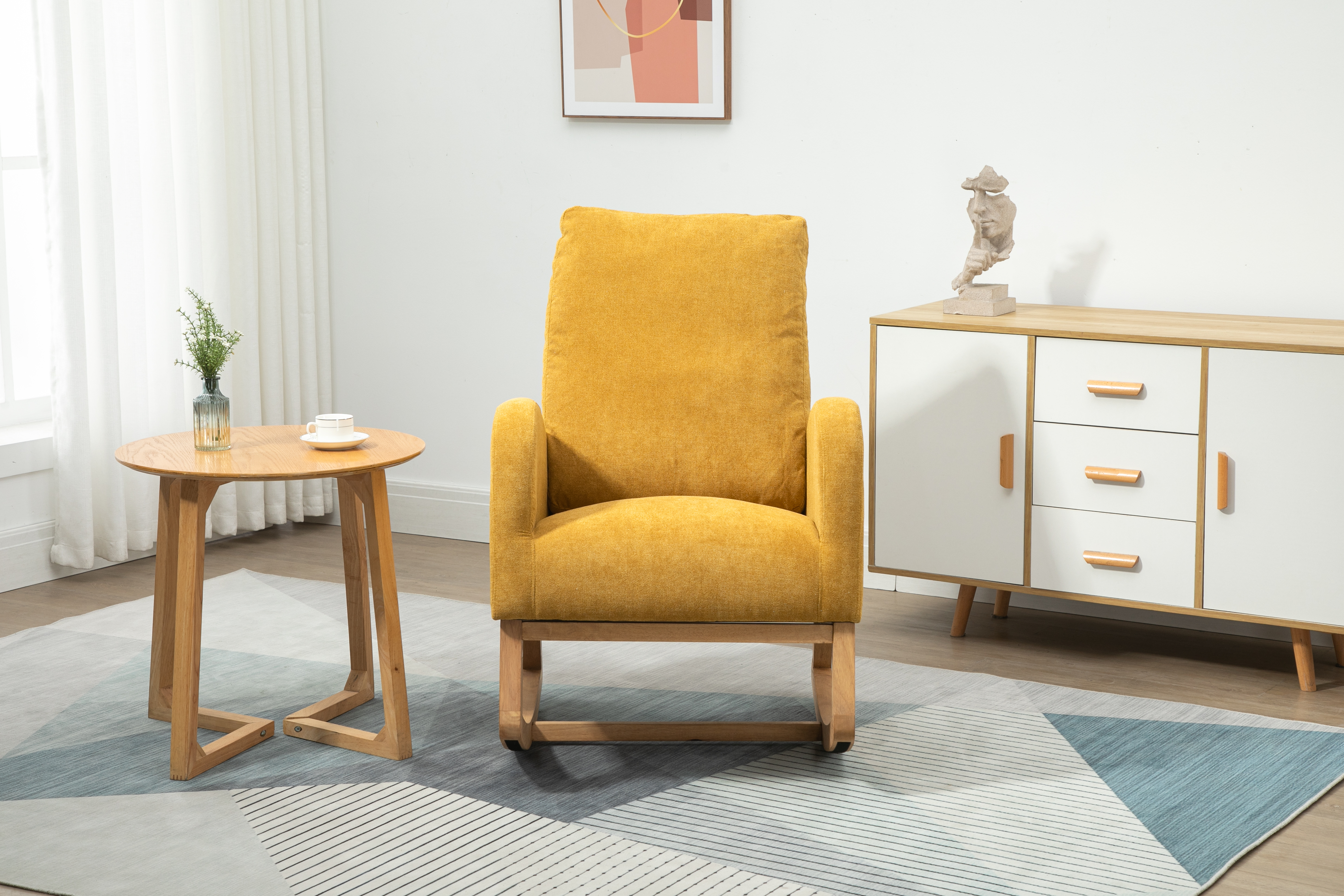 COOLMORE Rocking Chair, Modern Glider Chair, Recliner Armchair with Wood Legs and Side Pocket, Nursery Rocking Accent Chair with High Back for Living Room Bedroom (Mustard Yellow linen)