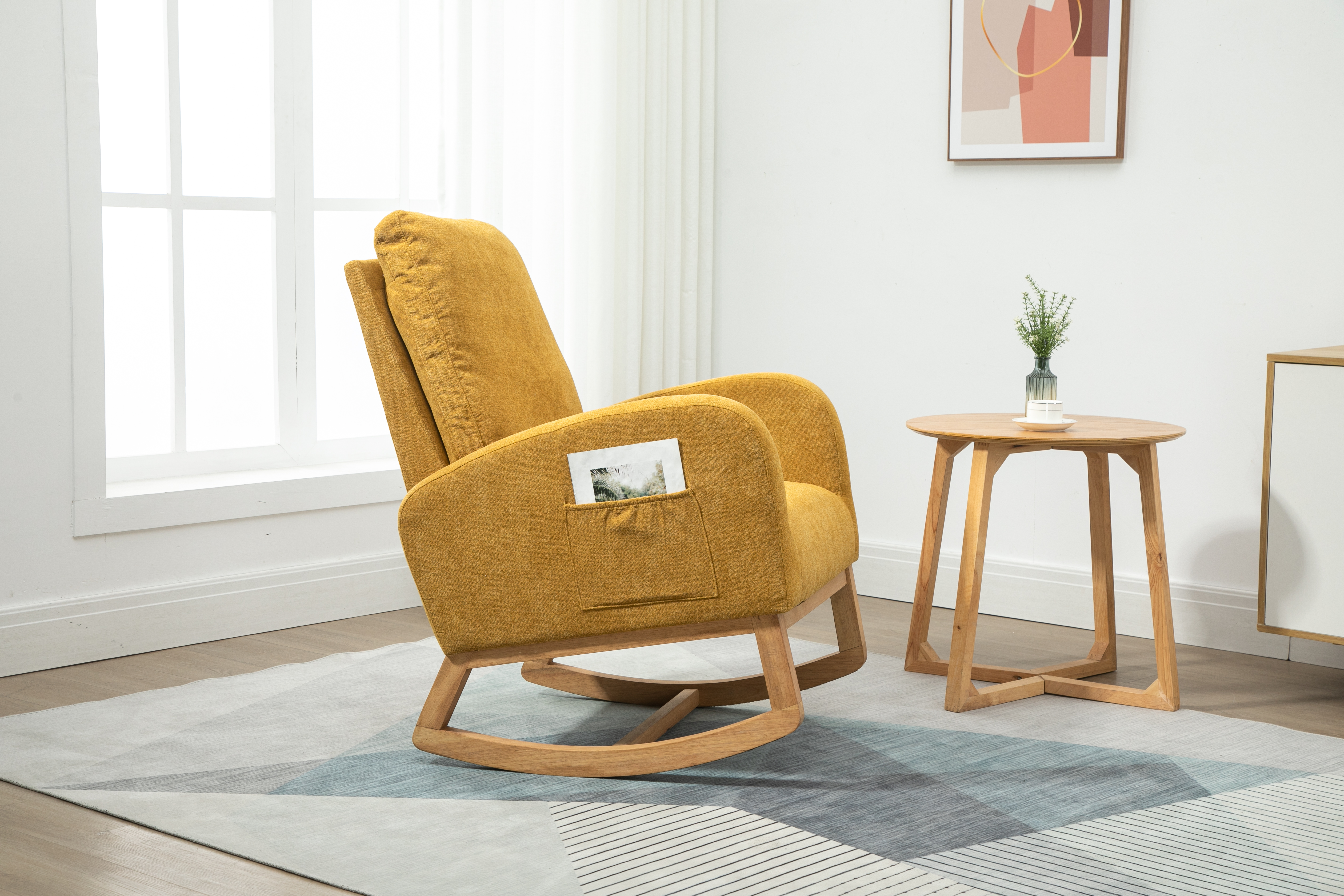 COOLMORE Rocking Chair, Modern Glider Chair, Recliner Armchair with Wood Legs and Side Pocket, Nursery Rocking Accent Chair with High Back for Living Room Bedroom (Mustard Yellow linen)