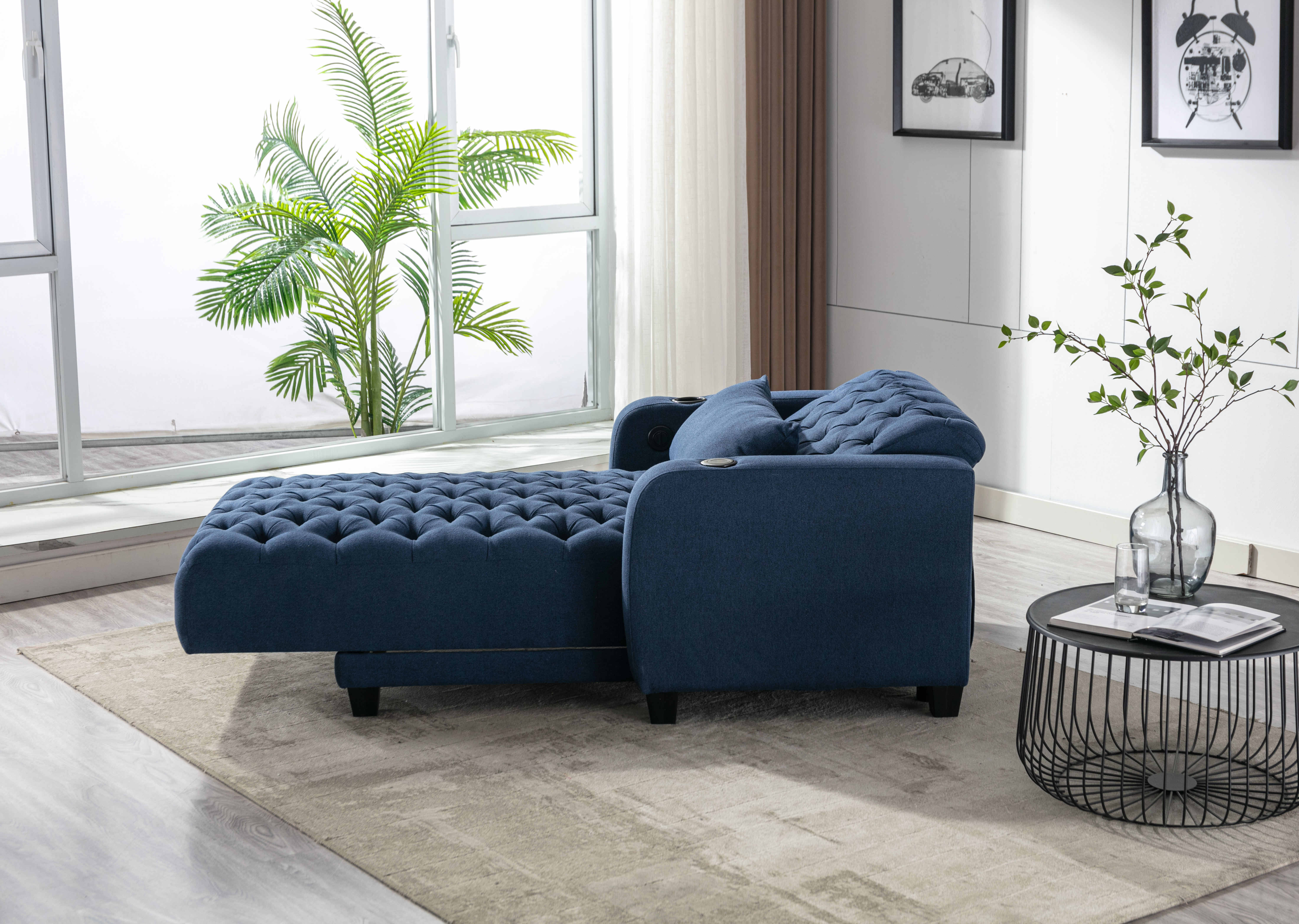 COOLMORE Multifunctional Living Room Leisure Chaise Lounge Barry Tufted Comfy Armchair Wireless Charging, Smooth Reclining Backrest & Lumbar Pillow for Home Apartment (Navy linen)