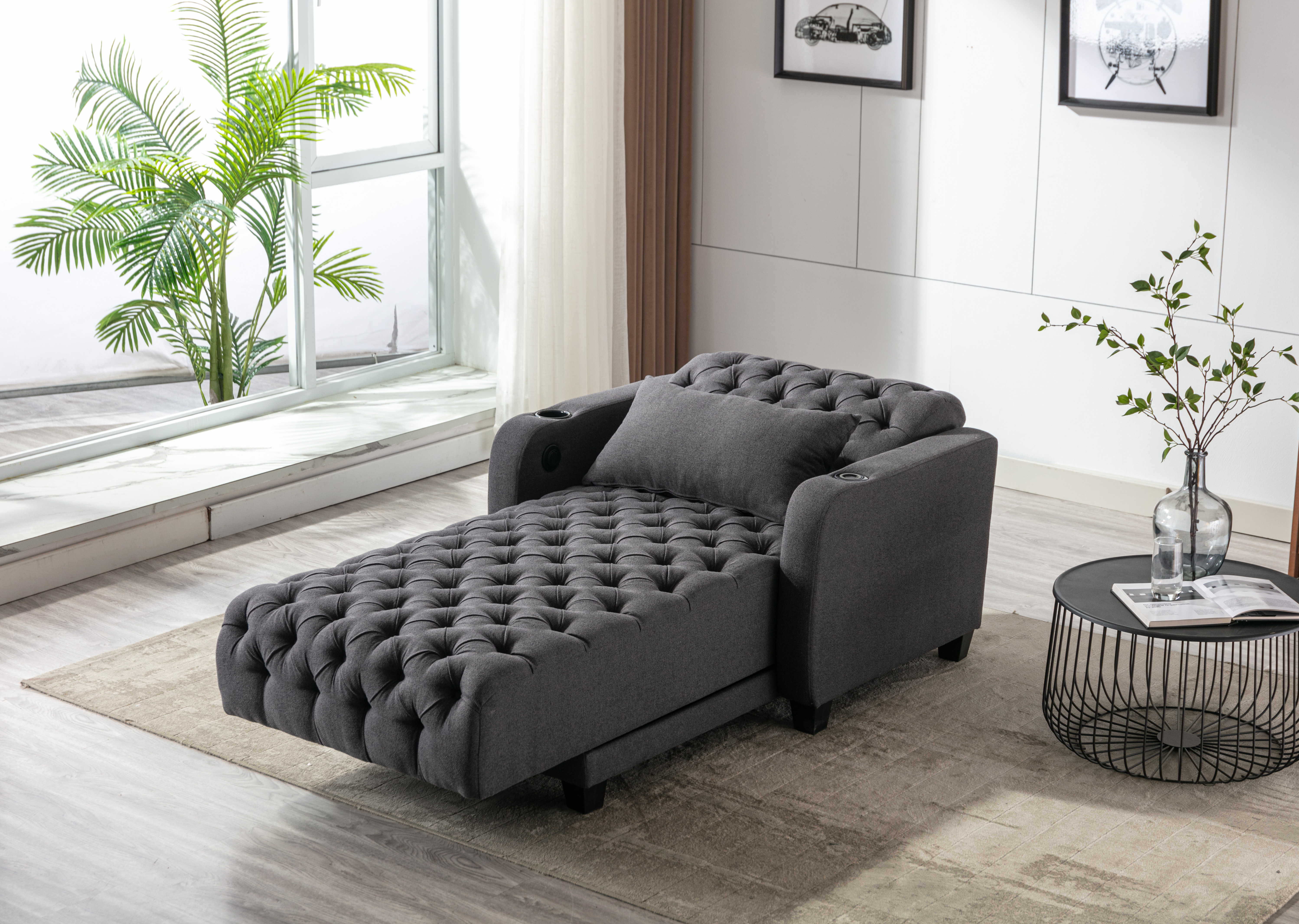 COOLMORE Multifunctional Living Room Leisure Chaise Lounge Barry Tufted Comfy Armchair Wireless Charging, Smooth Reclining Backrest & Lumbar Pillow for Home Apartment (Dark Grey linen)