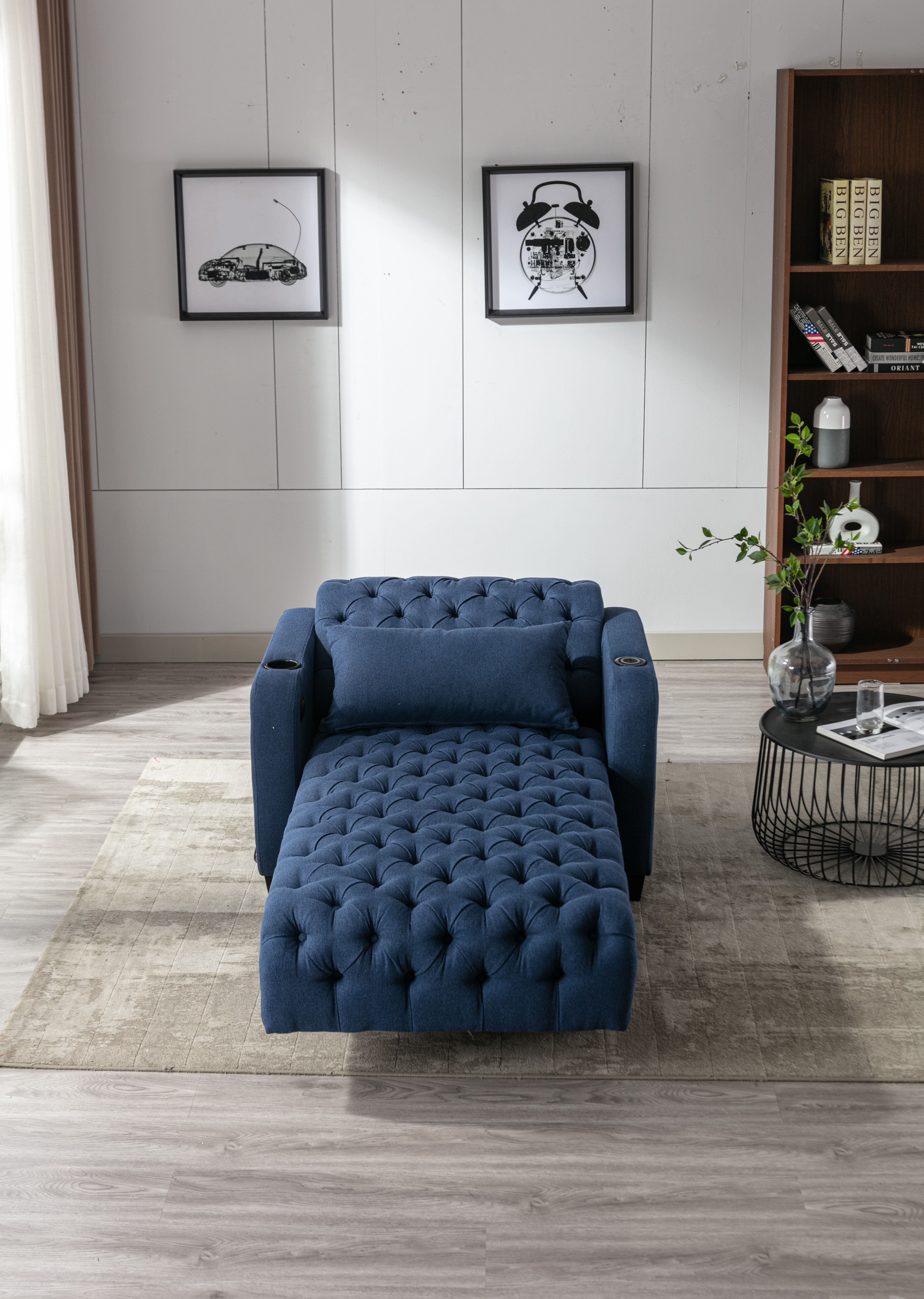 COOLMORE Multifunctional Living Room Leisure Chaise Lounge Barry Tufted Comfy Armchair Wireless Charging, Smooth Reclining Backrest & Lumbar Pillow for Home Apartment (Navy linen)