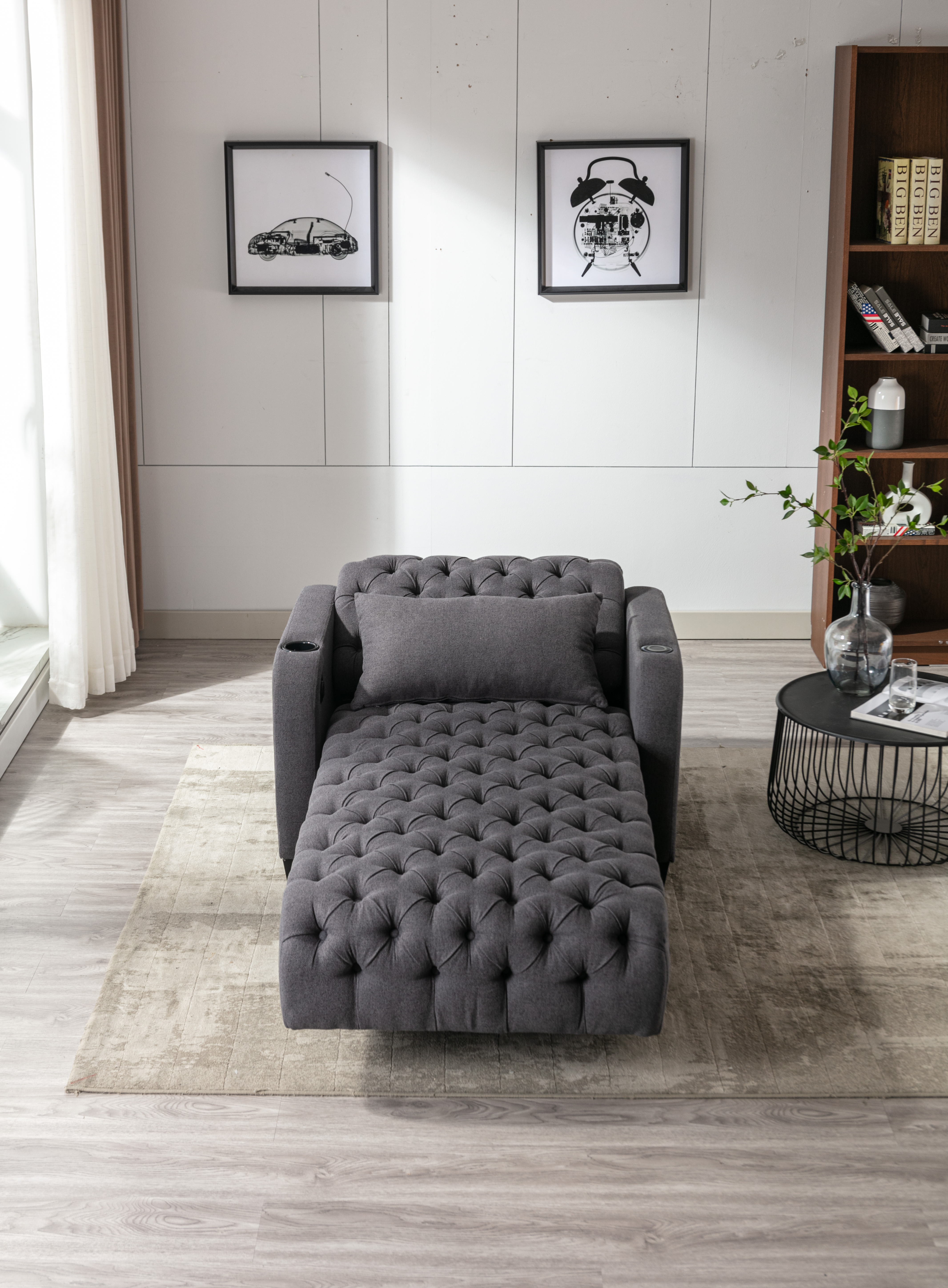 COOLMORE Multifunctional Living Room Leisure Chaise Lounge Barry Tufted Comfy Armchair Wireless Charging, Smooth Reclining Backrest & Lumbar Pillow for Home Apartment (Dark Grey linen)