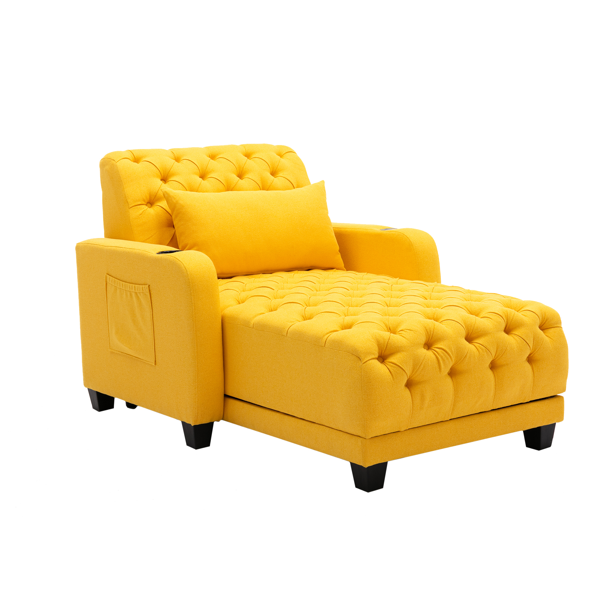 COOLMORE Multifunctional Living Room Leisure Chaise Lounge Barry Tufted Comfy Armchair Wireless Charging, Smooth Reclining Backrest & Lumbar Pillow for Home Apartment (Yellow linen)