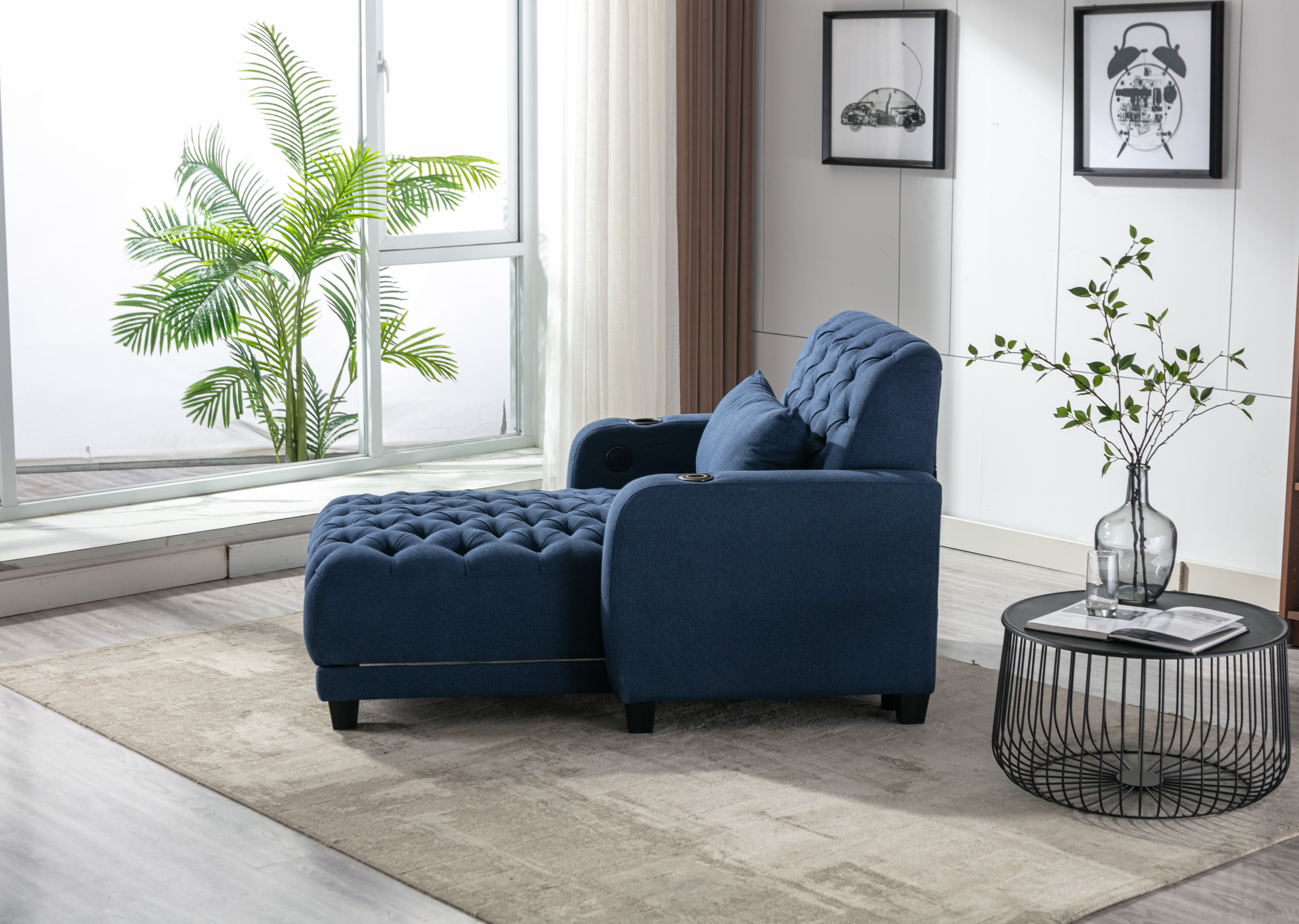 COOLMORE Multifunctional Living Room Leisure Chaise Lounge Barry Tufted Comfy Armchair Wireless Charging, Smooth Reclining Backrest & Lumbar Pillow for Home Apartment (Navy linen)