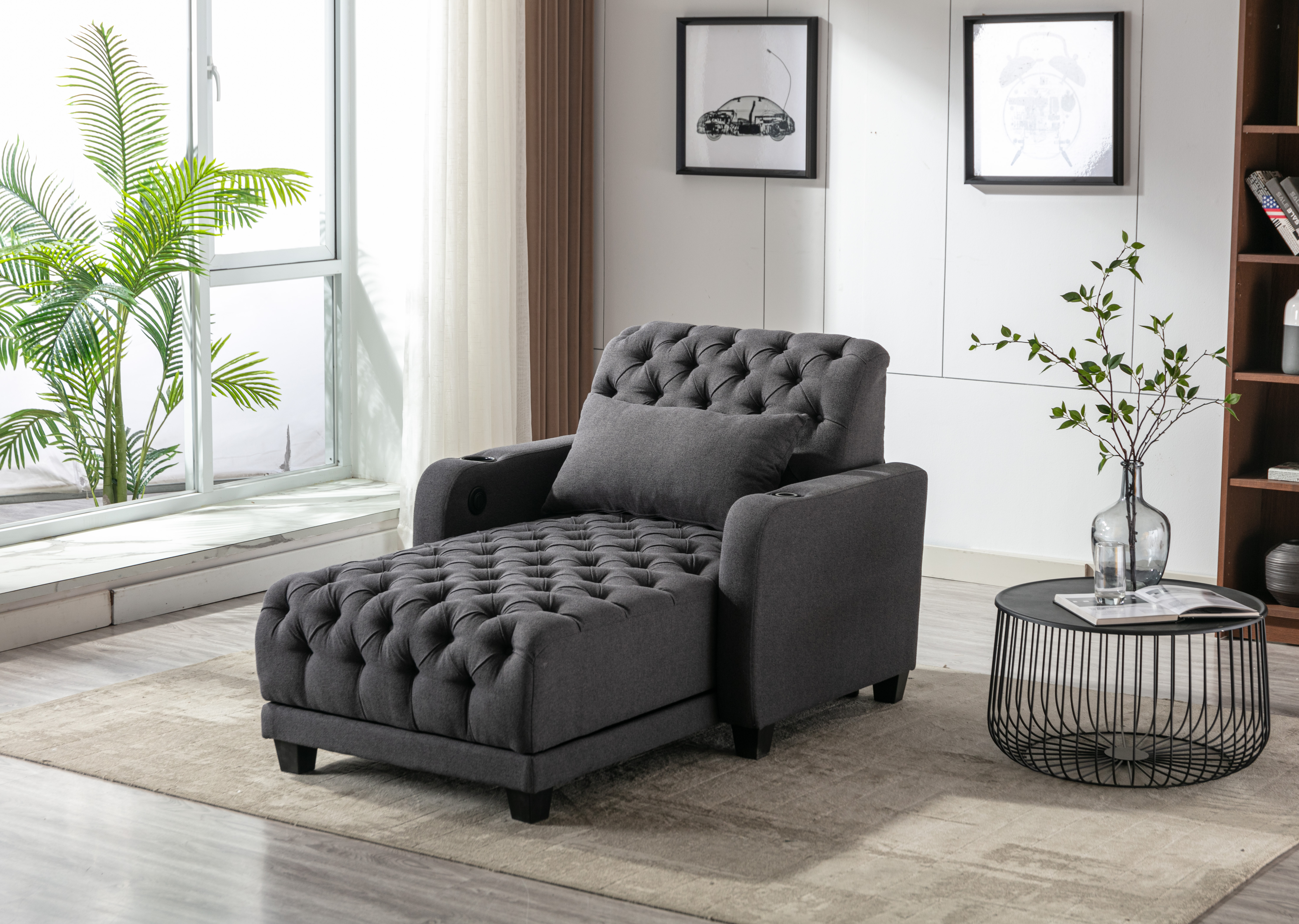 COOLMORE Multifunctional Living Room Leisure Chaise Lounge Barry Tufted Comfy Armchair Wireless Charging, Smooth Reclining Backrest & Lumbar Pillow for Home Apartment (Dark Grey linen)