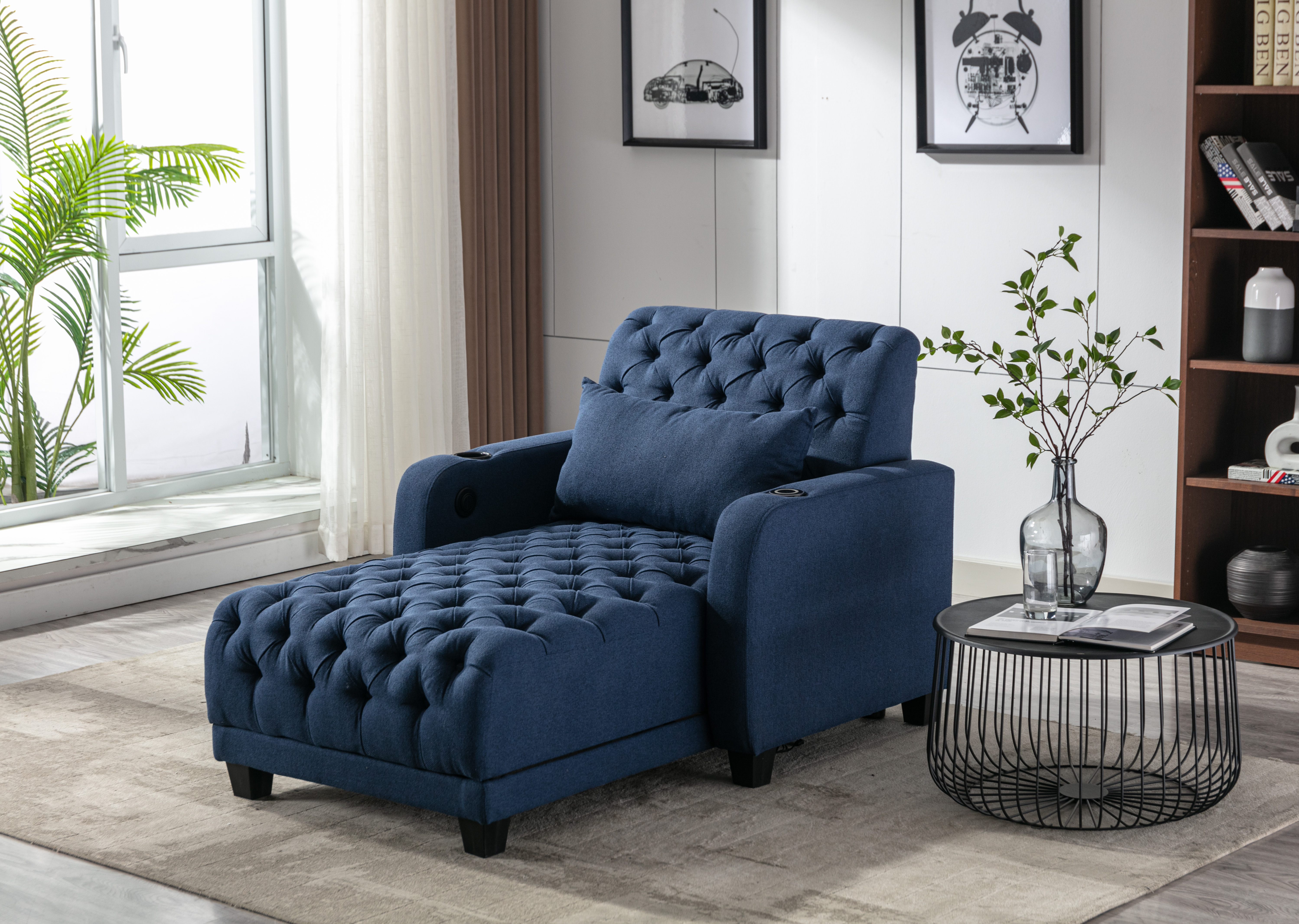 COOLMORE Multifunctional Living Room Leisure Chaise Lounge Barry Tufted Comfy Armchair Wireless Charging, Smooth Reclining Backrest & Lumbar Pillow for Home Apartment (Navy linen)