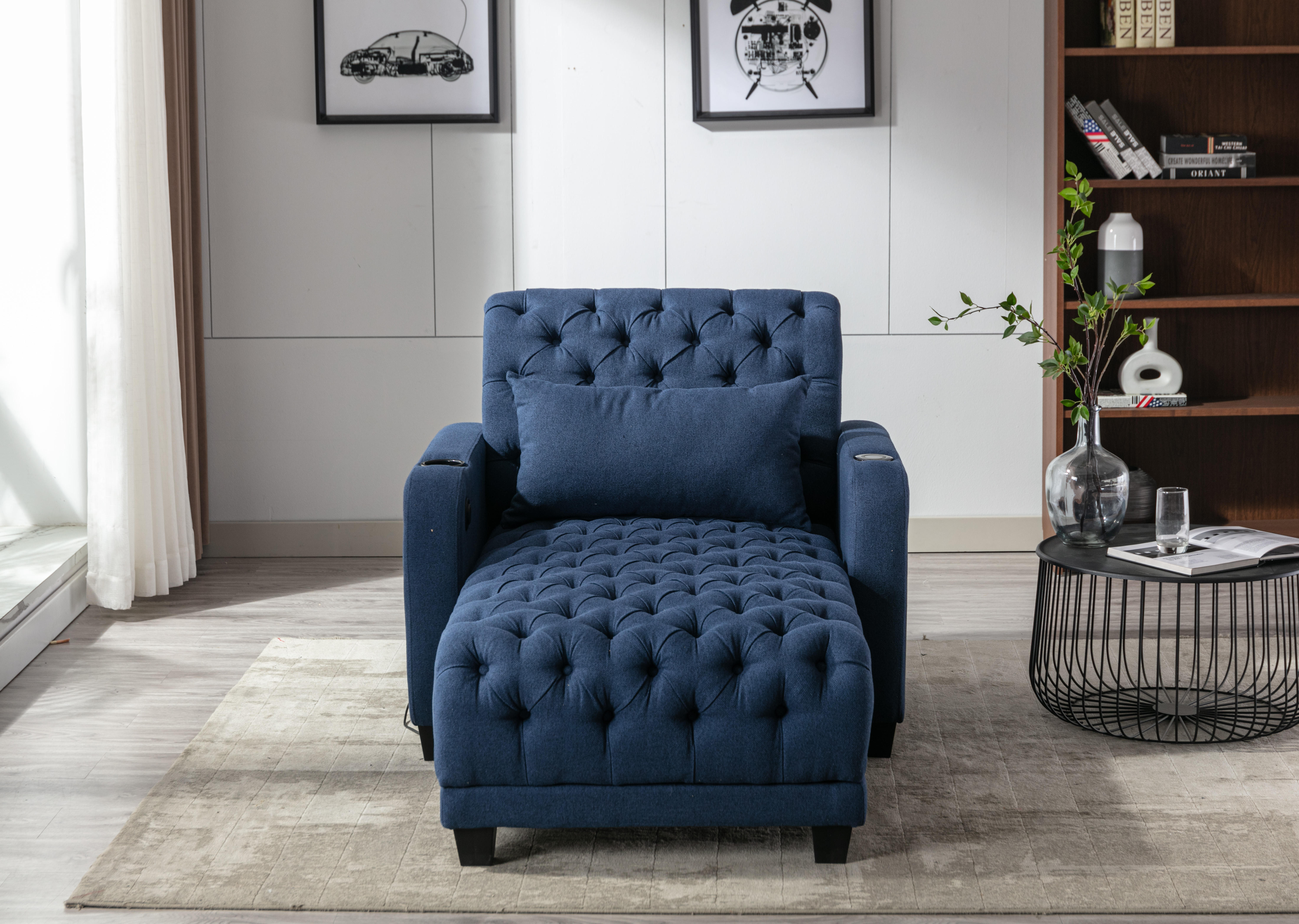 COOLMORE Multifunctional Living Room Leisure Chaise Lounge Barry Tufted Comfy Armchair Wireless Charging, Smooth Reclining Backrest & Lumbar Pillow for Home Apartment (Navy linen)