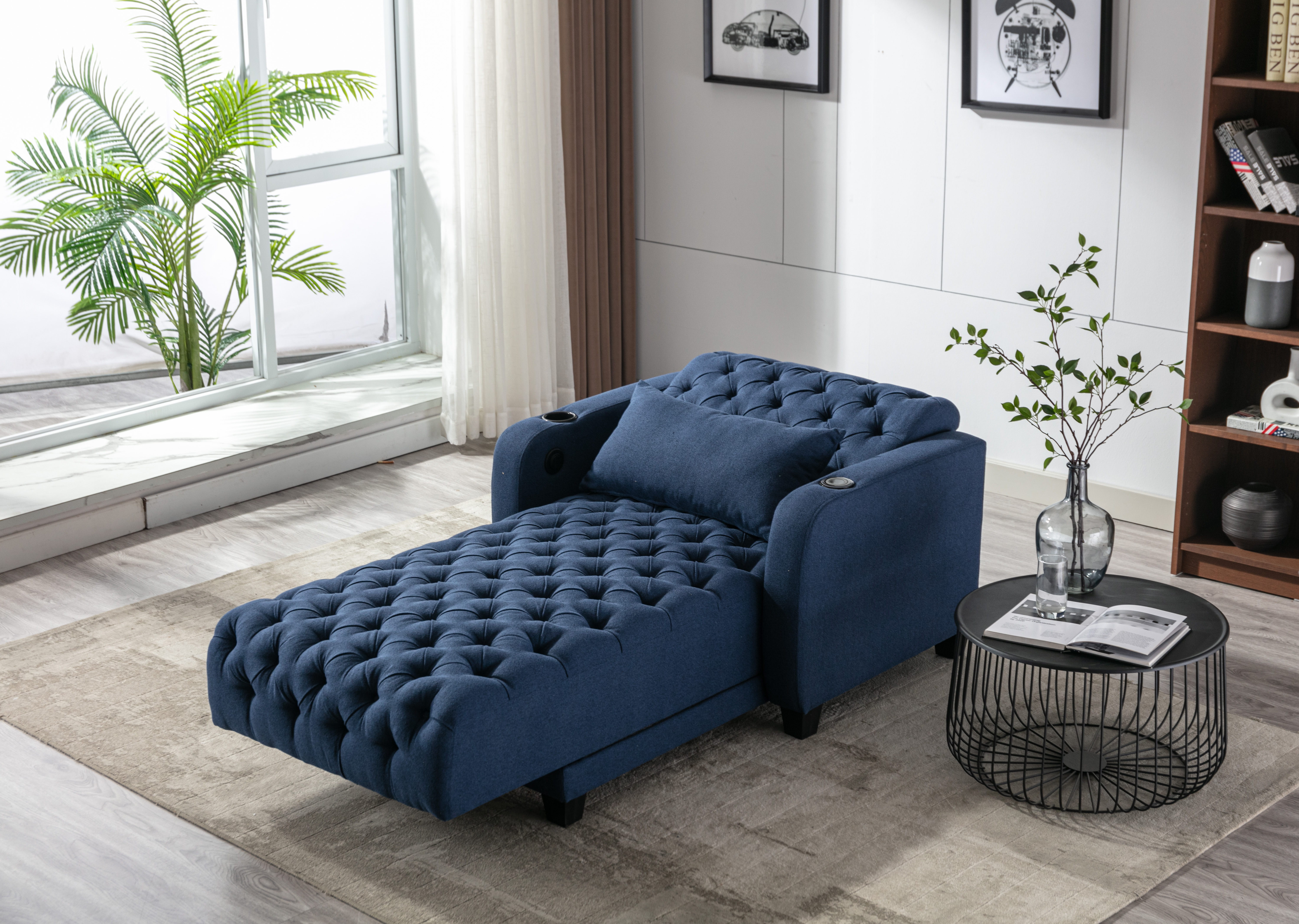 COOLMORE Multifunctional Living Room Leisure Chaise Lounge Barry Tufted Comfy Armchair Wireless Charging, Smooth Reclining Backrest & Lumbar Pillow for Home Apartment (Navy linen)