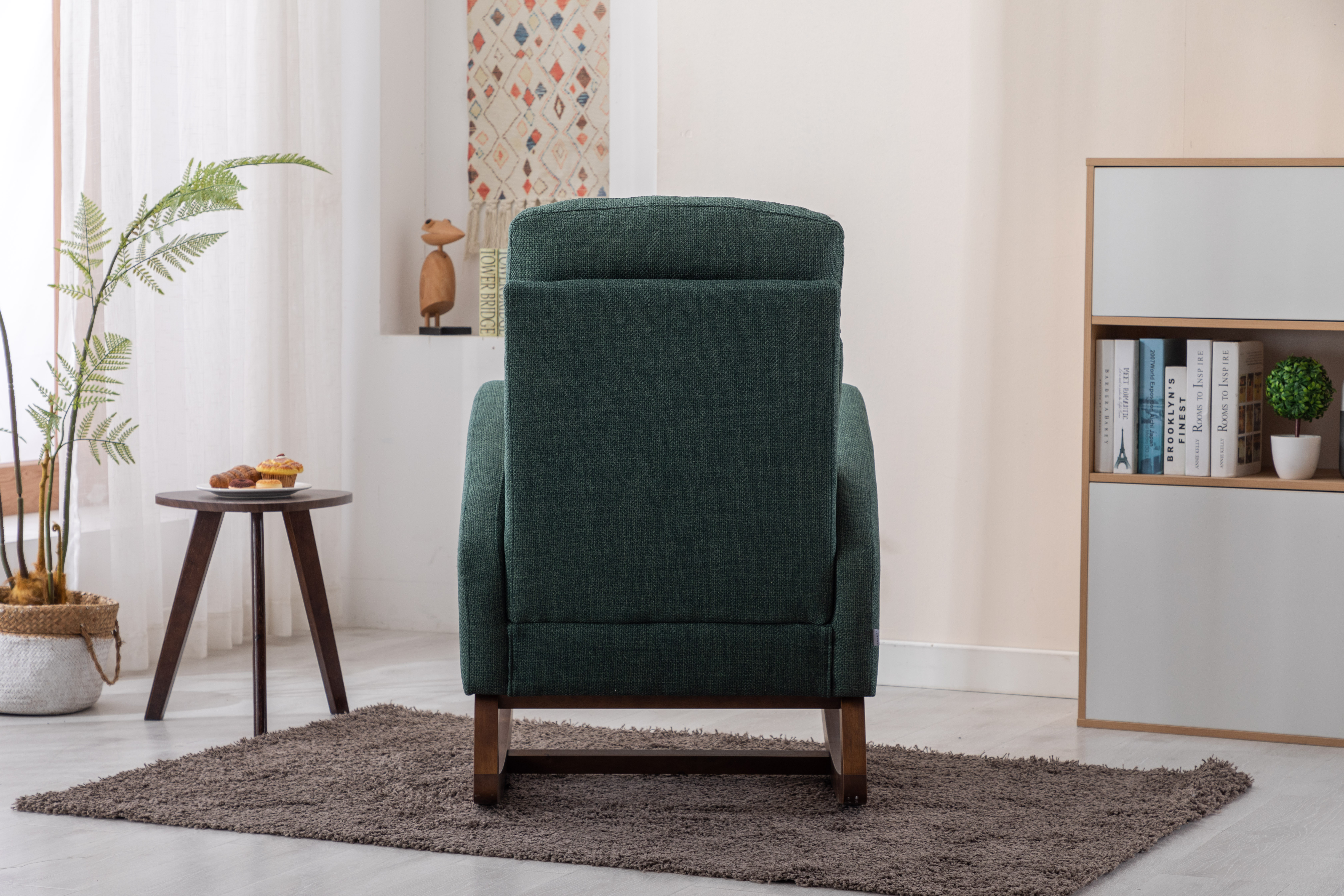 COOLMORE Rocking Chair, Modern Glider Chair, Recliner Armchair with Wood Legs and Side Pocket, Nursery Rocking Accent Chair with High Back for Living Room Bedroom (Emerald linen)