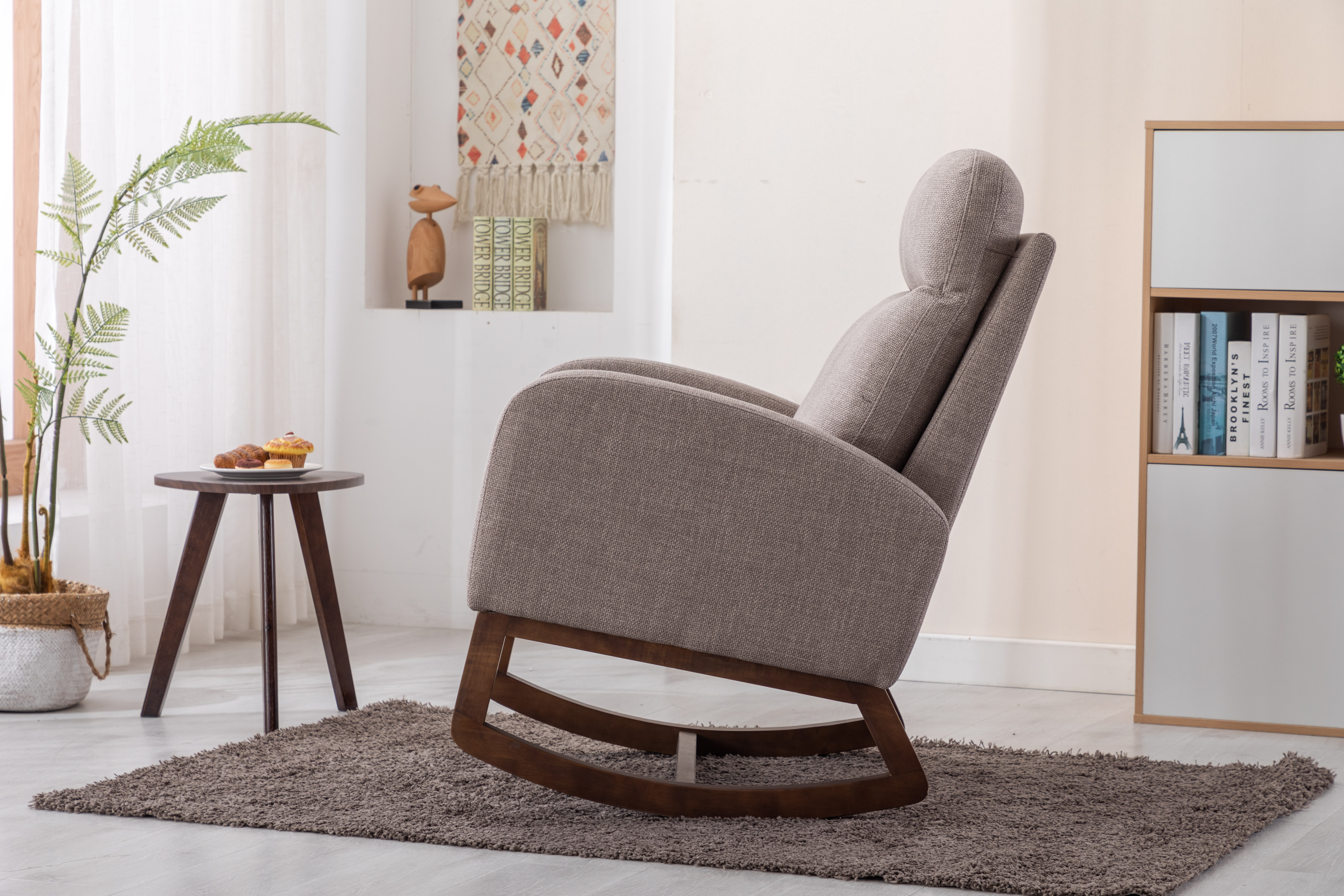 COOLMORE Rocking Chair, Modern Glider Chair, Recliner Armchair with Wood Legs and Side Pocket, Nursery Rocking Accent Chair with High Back for Living Room Bedroom (Grey linen)