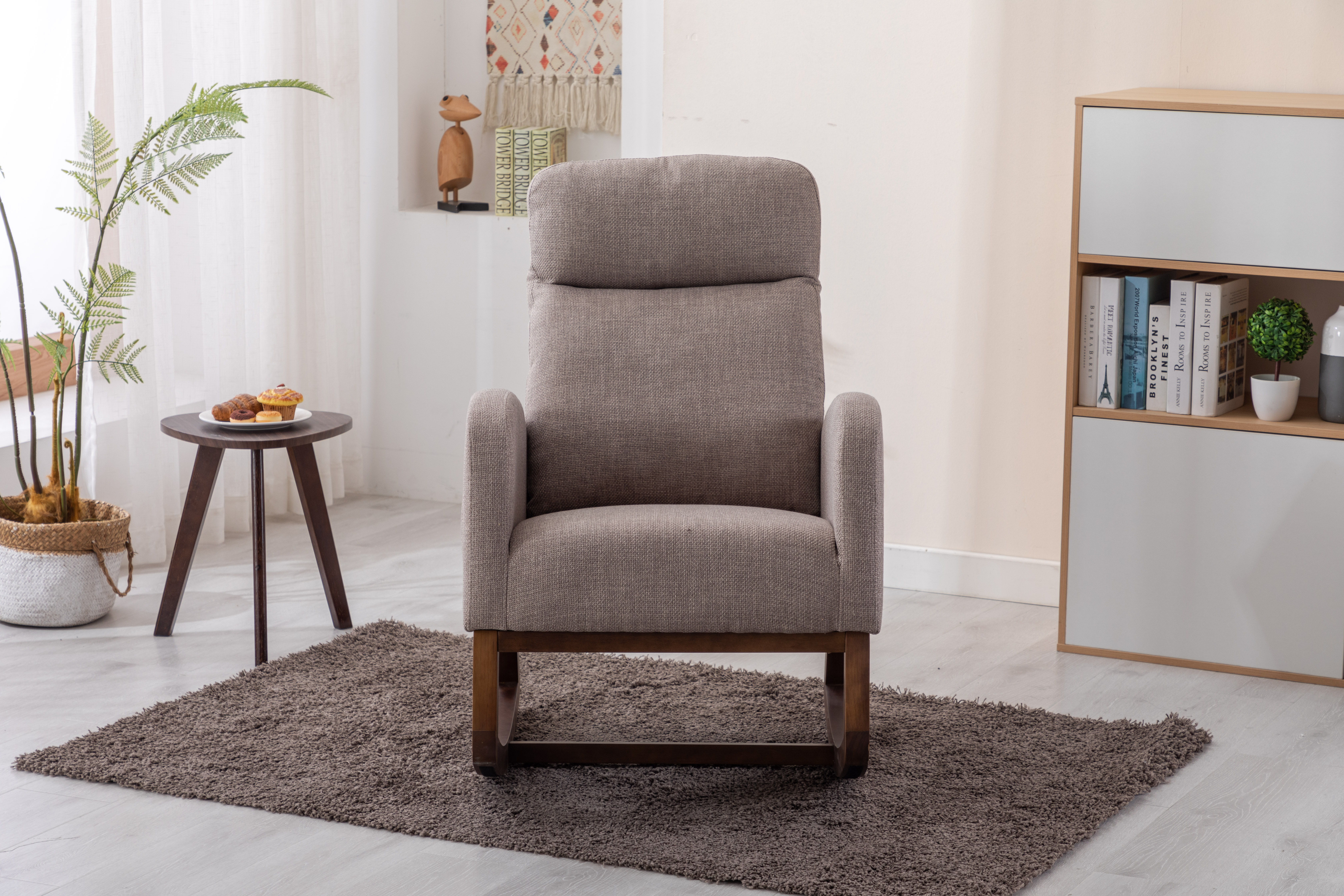 COOLMORE Rocking Chair, Modern Glider Chair, Recliner Armchair with Wood Legs and Side Pocket, Nursery Rocking Accent Chair with High Back for Living Room Bedroom (Grey linen)