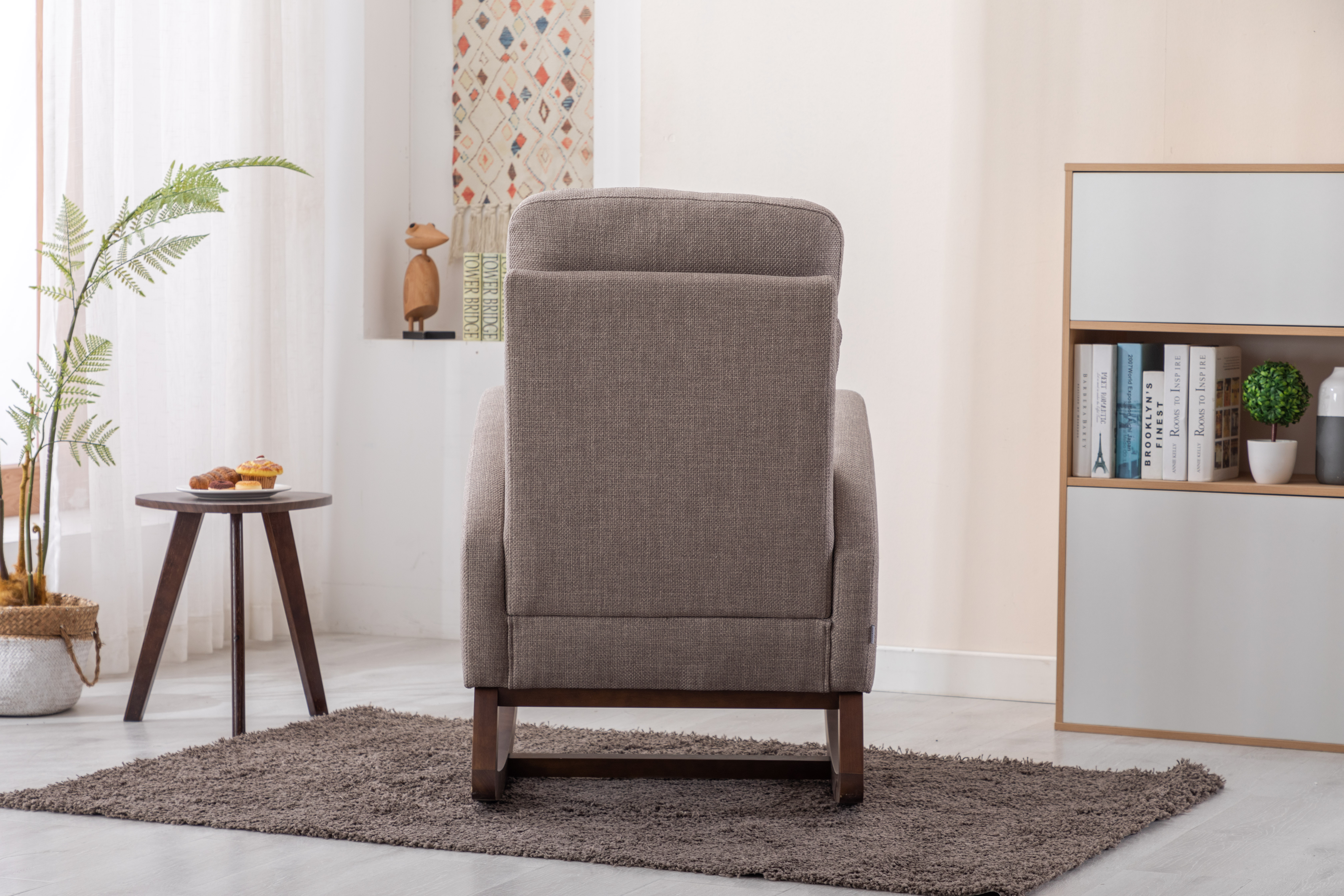 COOLMORE Rocking Chair, Modern Glider Chair, Recliner Armchair with Wood Legs and Side Pocket, Nursery Rocking Accent Chair with High Back for Living Room Bedroom (Grey linen)