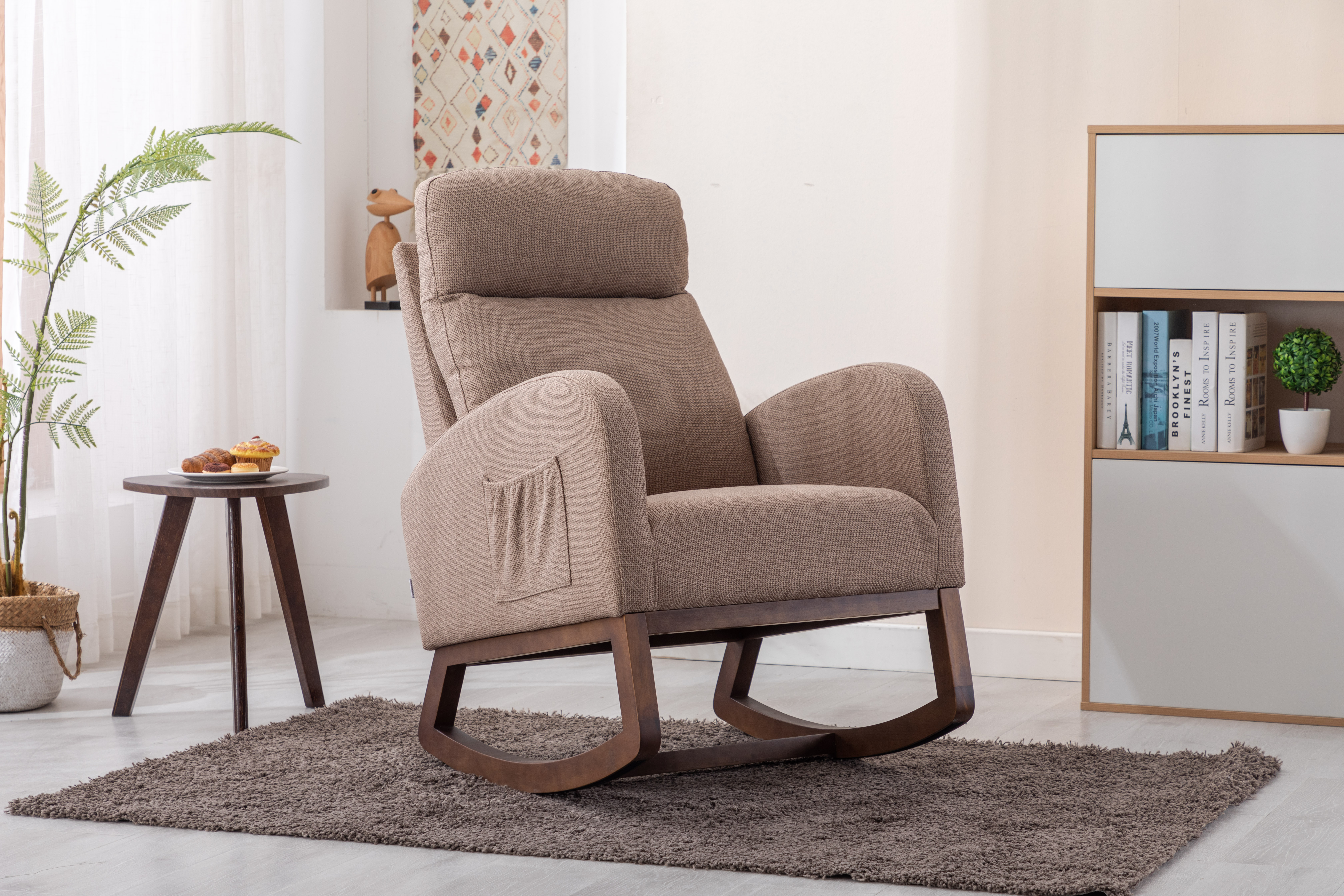 COOLMORE Rocking Chair, Modern Glider Chair, Recliner Armchair with Wood Legs and Side Pocket, Nursery Rocking Accent Chair with High Back for Living Room Bedroom (Camel linen)