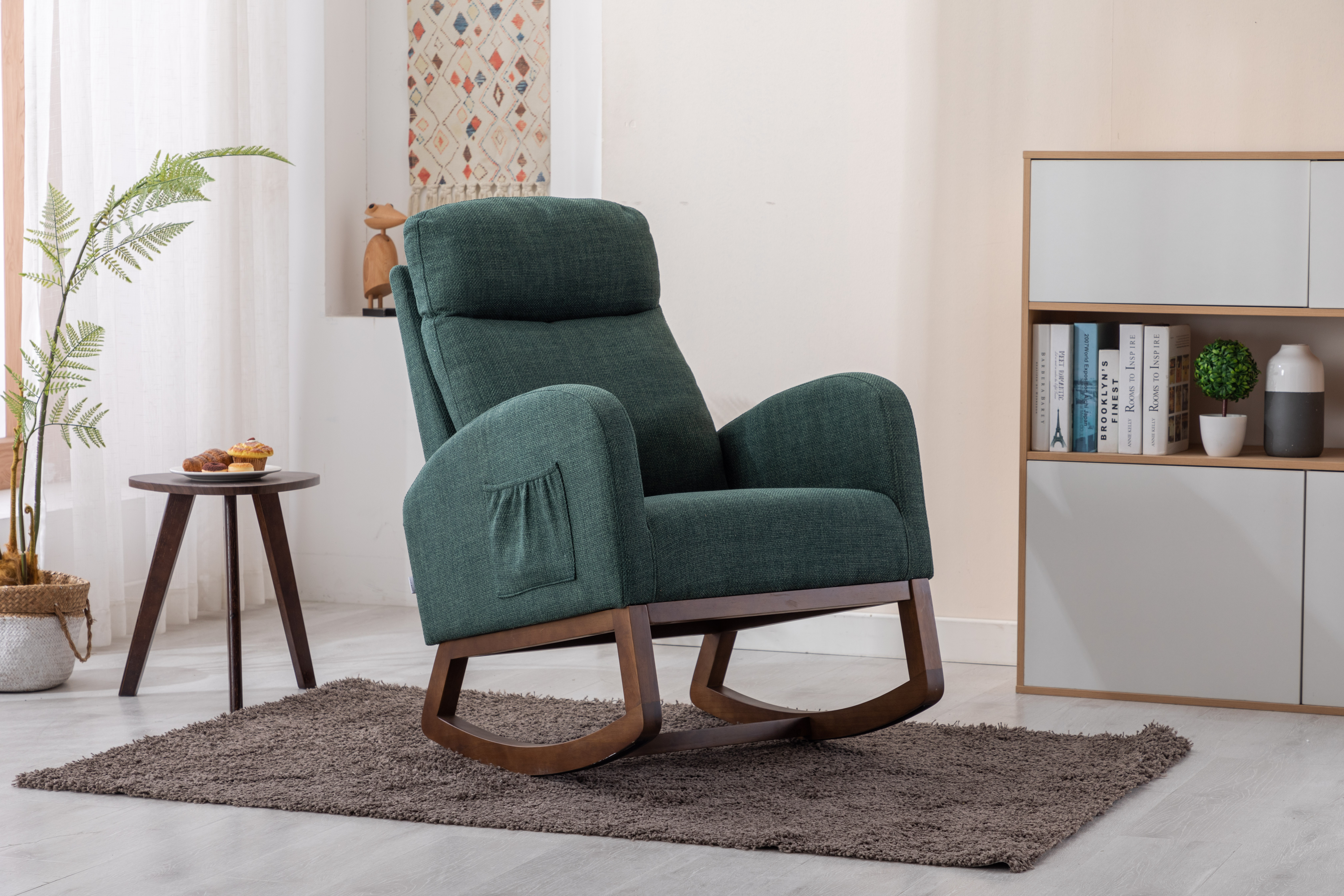 COOLMORE Rocking Chair, Modern Glider Chair, Recliner Armchair with Wood Legs and Side Pocket, Nursery Rocking Accent Chair with High Back for Living Room Bedroom (Emerald linen)