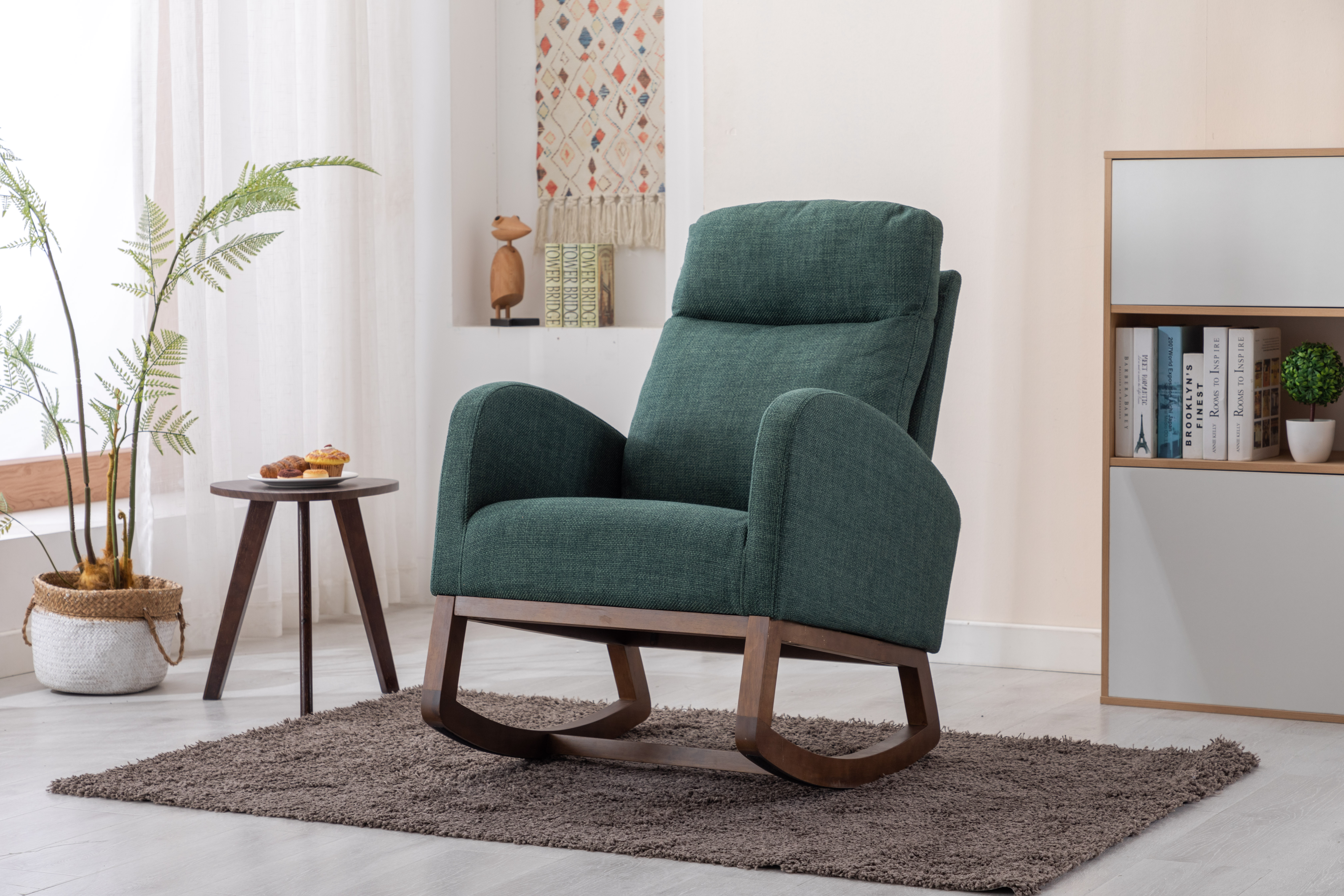 COOLMORE Rocking Chair, Modern Glider Chair, Recliner Armchair with Wood Legs and Side Pocket, Nursery Rocking Accent Chair with High Back for Living Room Bedroom (Emerald linen)