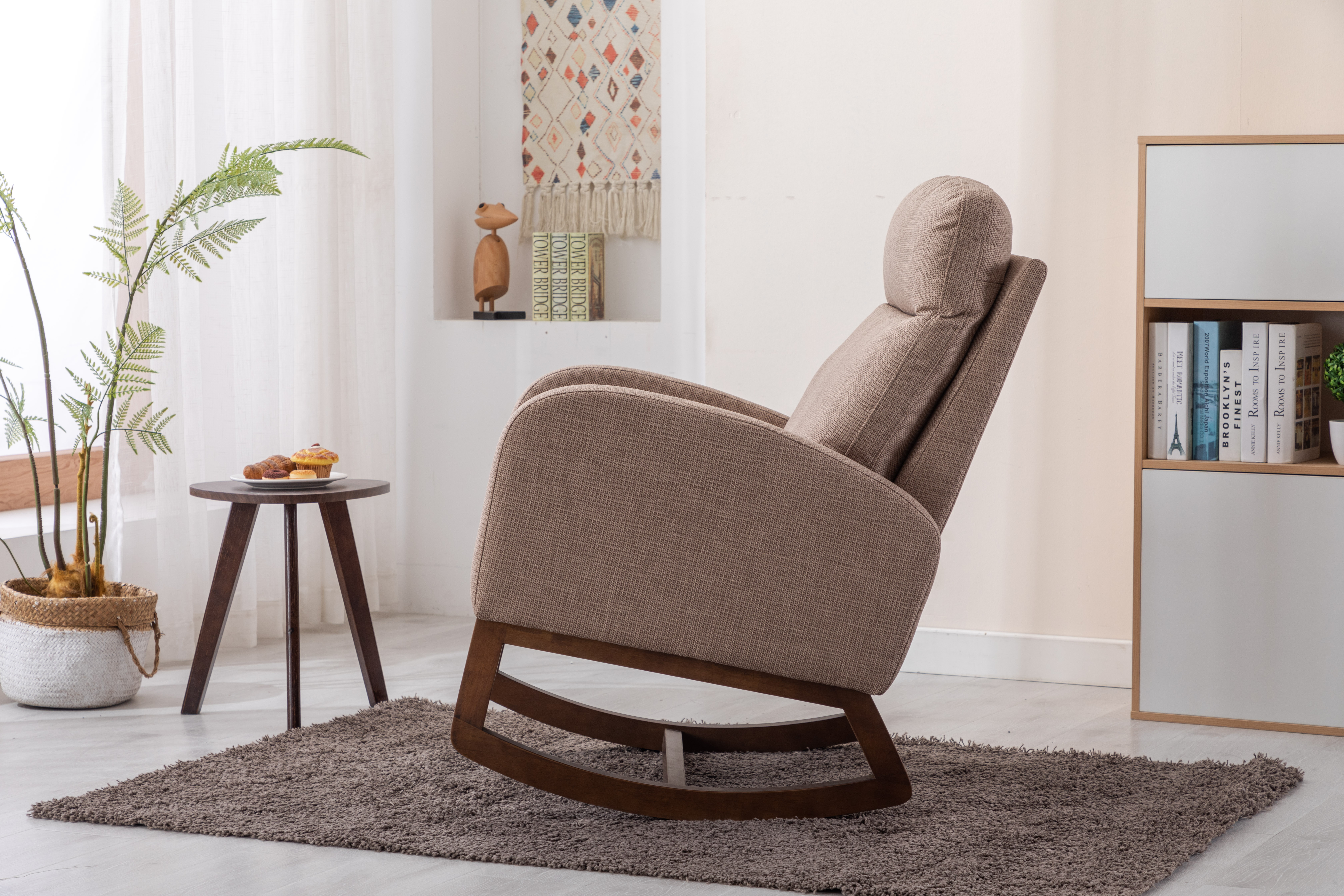 COOLMORE Rocking Chair, Modern Glider Chair, Recliner Armchair with Wood Legs and Side Pocket, Nursery Rocking Accent Chair with High Back for Living Room Bedroom (Camel linen)