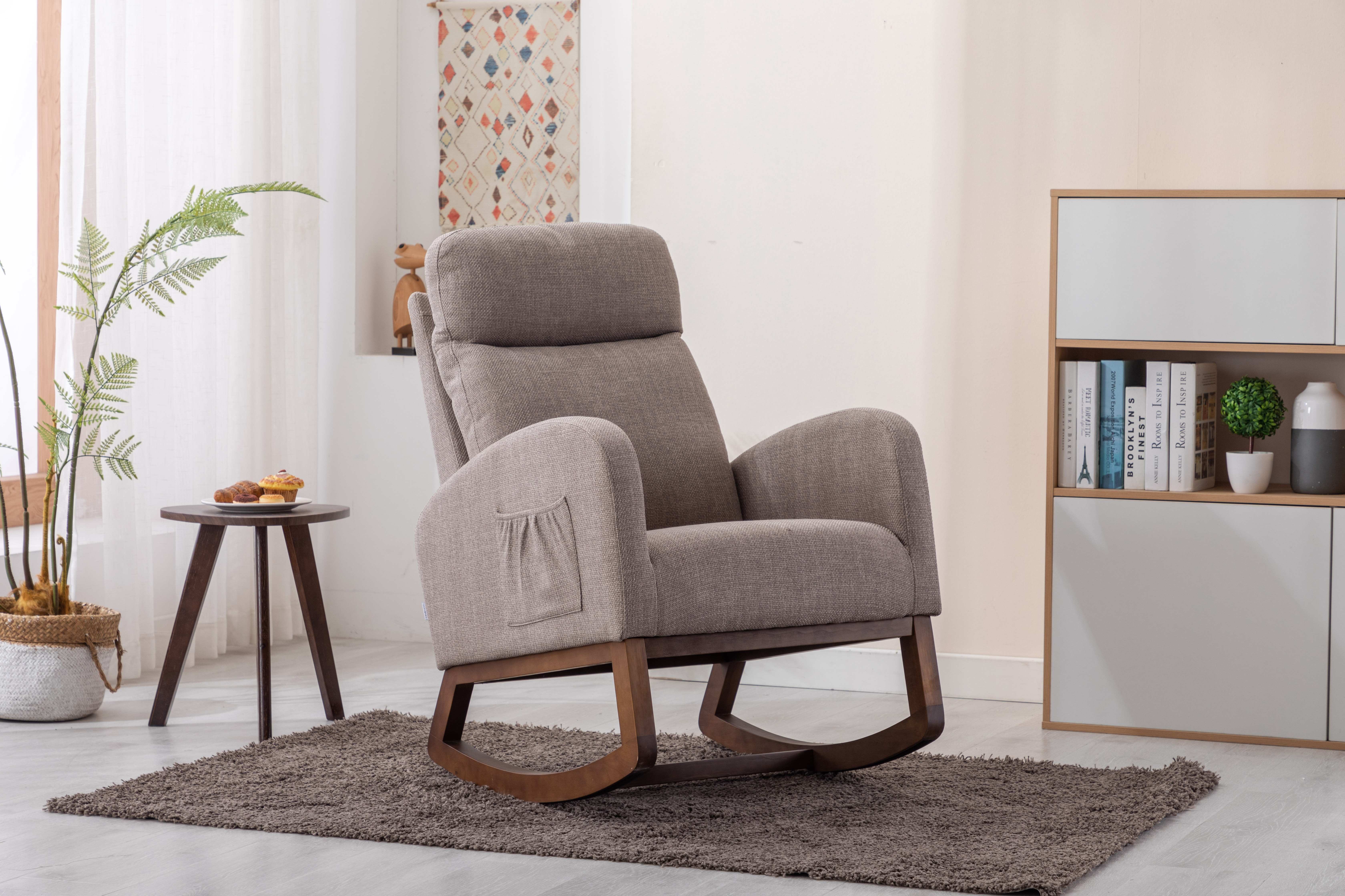 COOLMORE Rocking Chair, Modern Glider Chair, Recliner Armchair with Wood Legs and Side Pocket, Nursery Rocking Accent Chair with High Back for Living Room Bedroom (Grey linen)