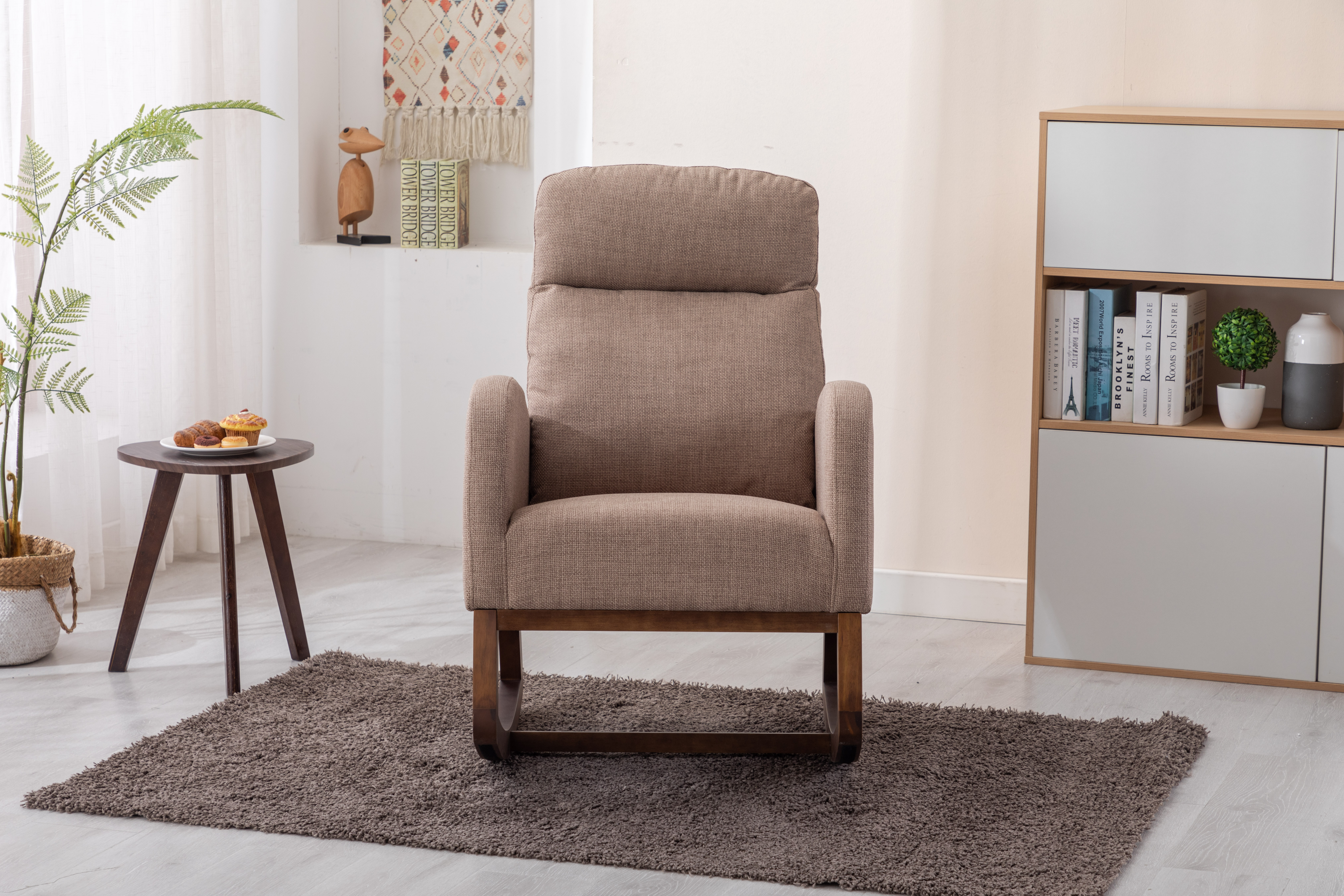 COOLMORE Rocking Chair, Modern Glider Chair, Recliner Armchair with Wood Legs and Side Pocket, Nursery Rocking Accent Chair with High Back for Living Room Bedroom (Camel linen)