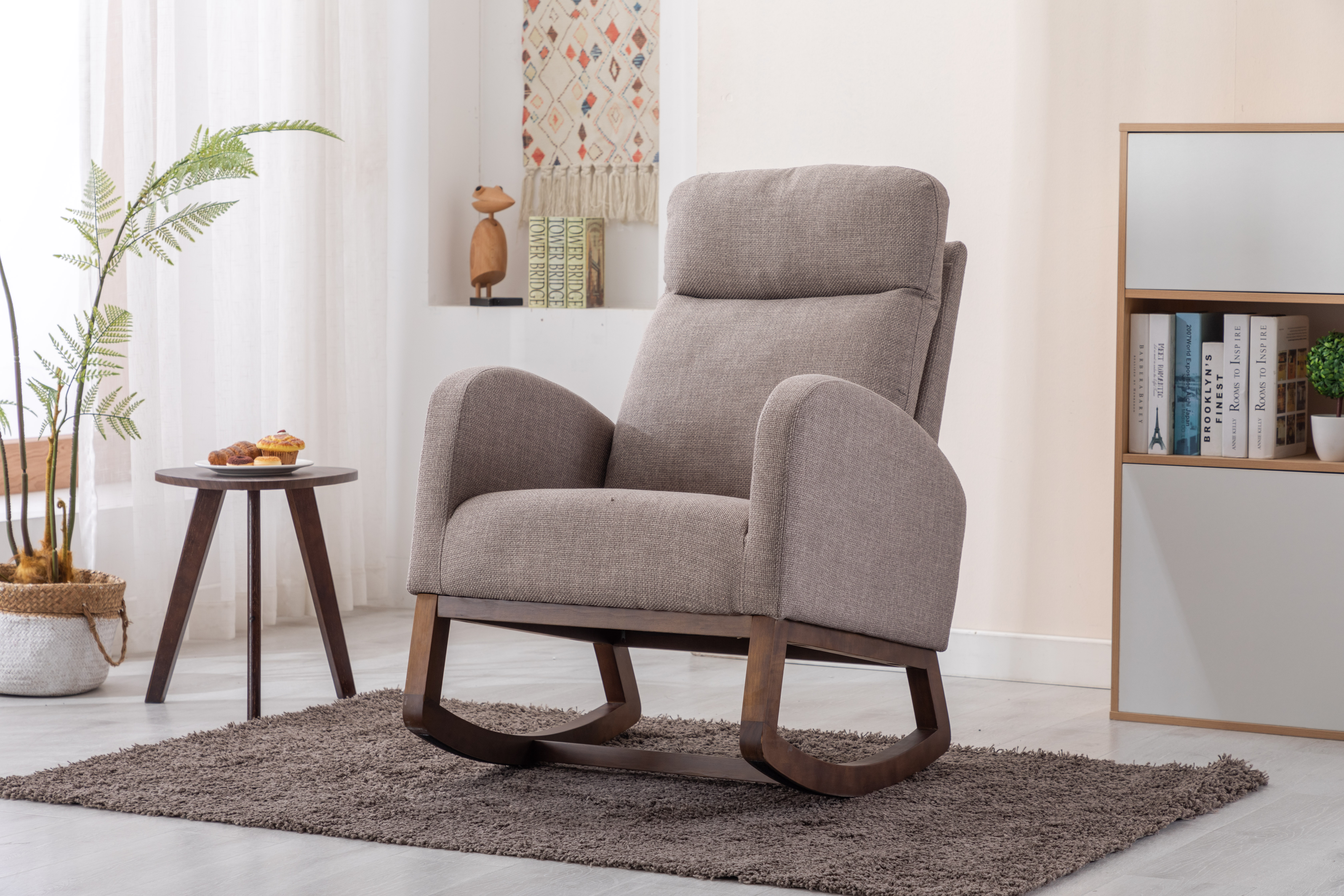 COOLMORE Rocking Chair, Modern Glider Chair, Recliner Armchair with Wood Legs and Side Pocket, Nursery Rocking Accent Chair with High Back for Living Room Bedroom (Grey linen)