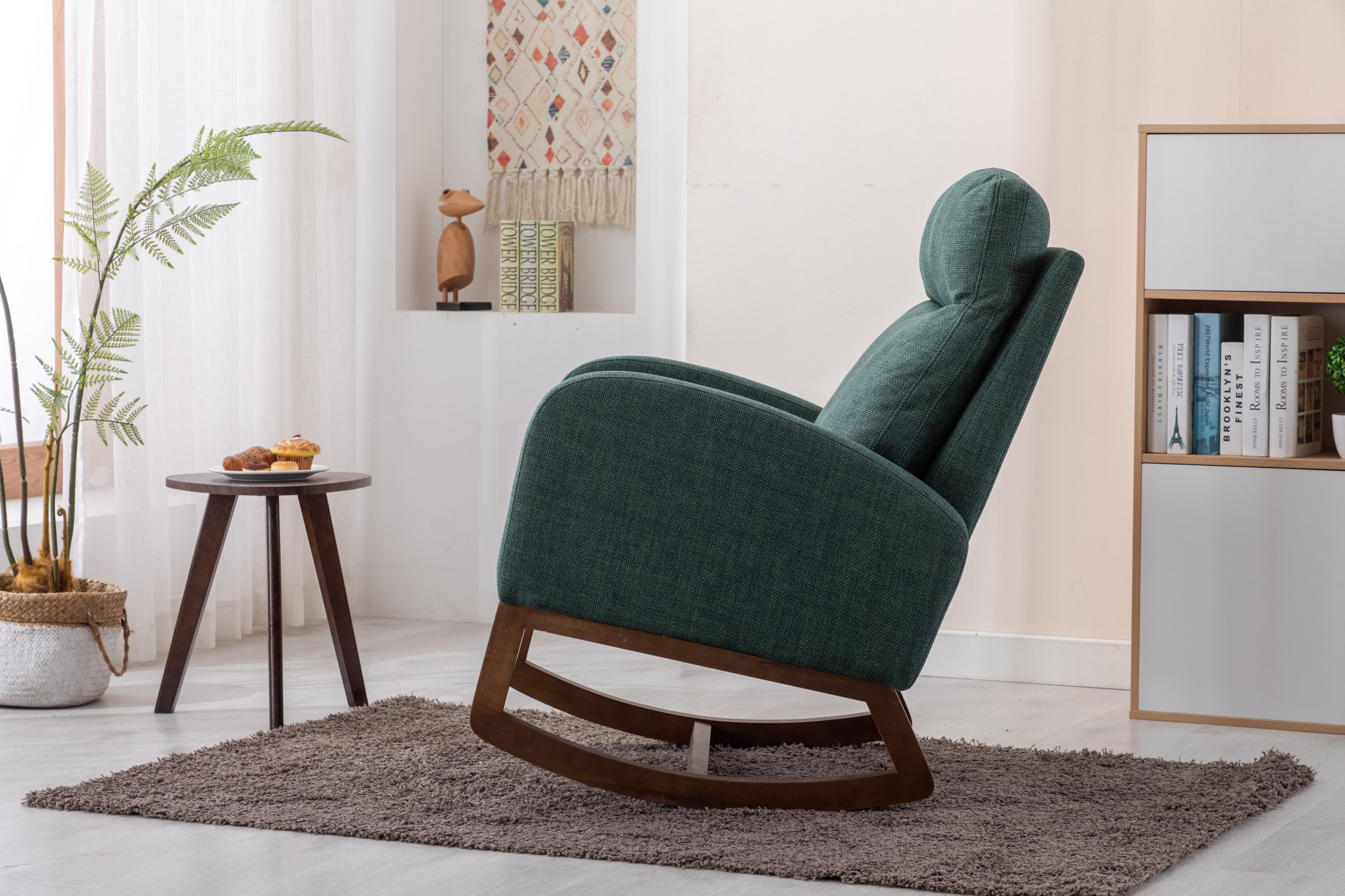 COOLMORE Rocking Chair, Modern Glider Chair, Recliner Armchair with Wood Legs and Side Pocket, Nursery Rocking Accent Chair with High Back for Living Room Bedroom (Emerald linen)