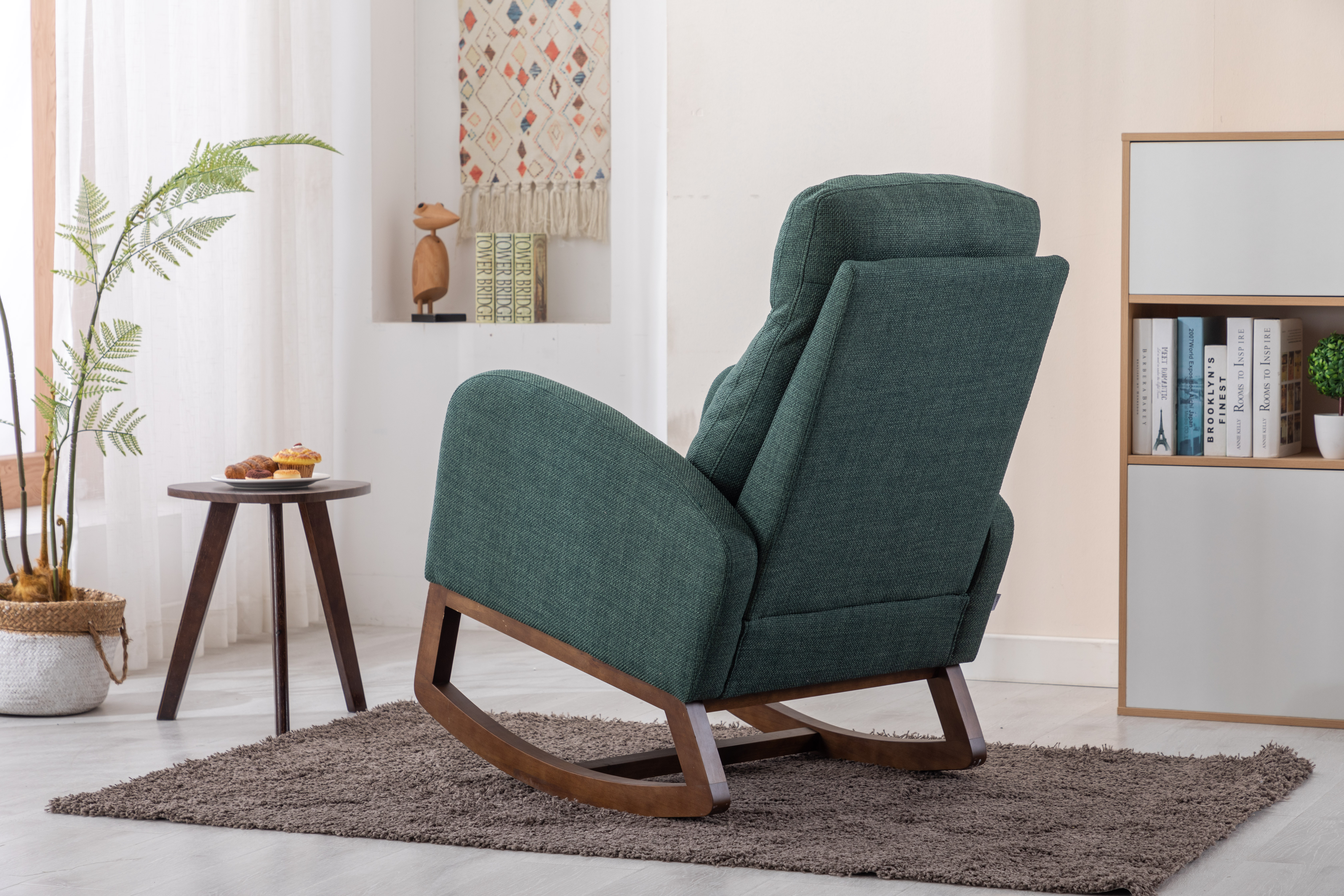 COOLMORE Rocking Chair, Modern Glider Chair, Recliner Armchair with Wood Legs and Side Pocket, Nursery Rocking Accent Chair with High Back for Living Room Bedroom (Emerald linen)