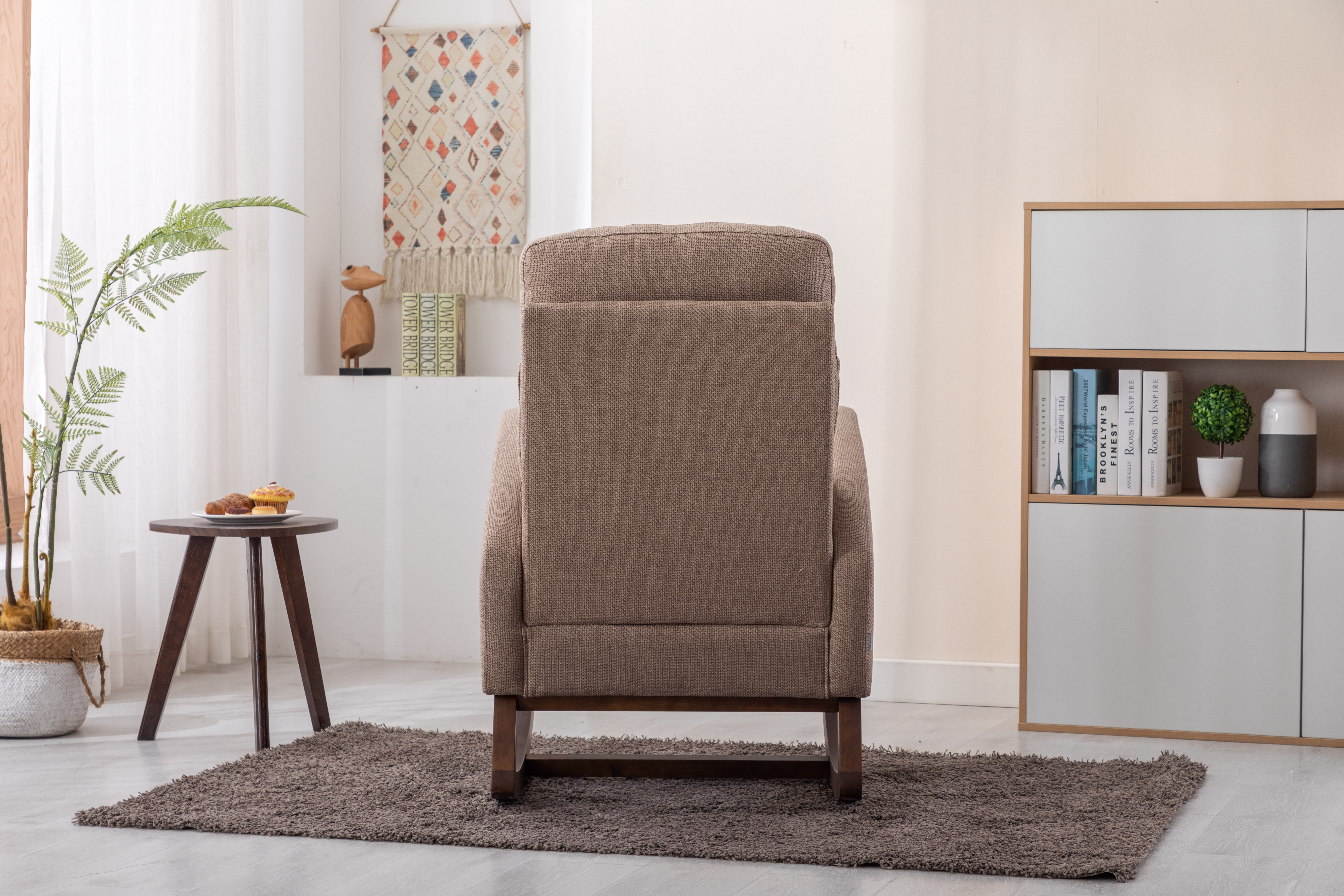 COOLMORE Rocking Chair, Modern Glider Chair, Recliner Armchair with Wood Legs and Side Pocket, Nursery Rocking Accent Chair with High Back for Living Room Bedroom (Camel linen)