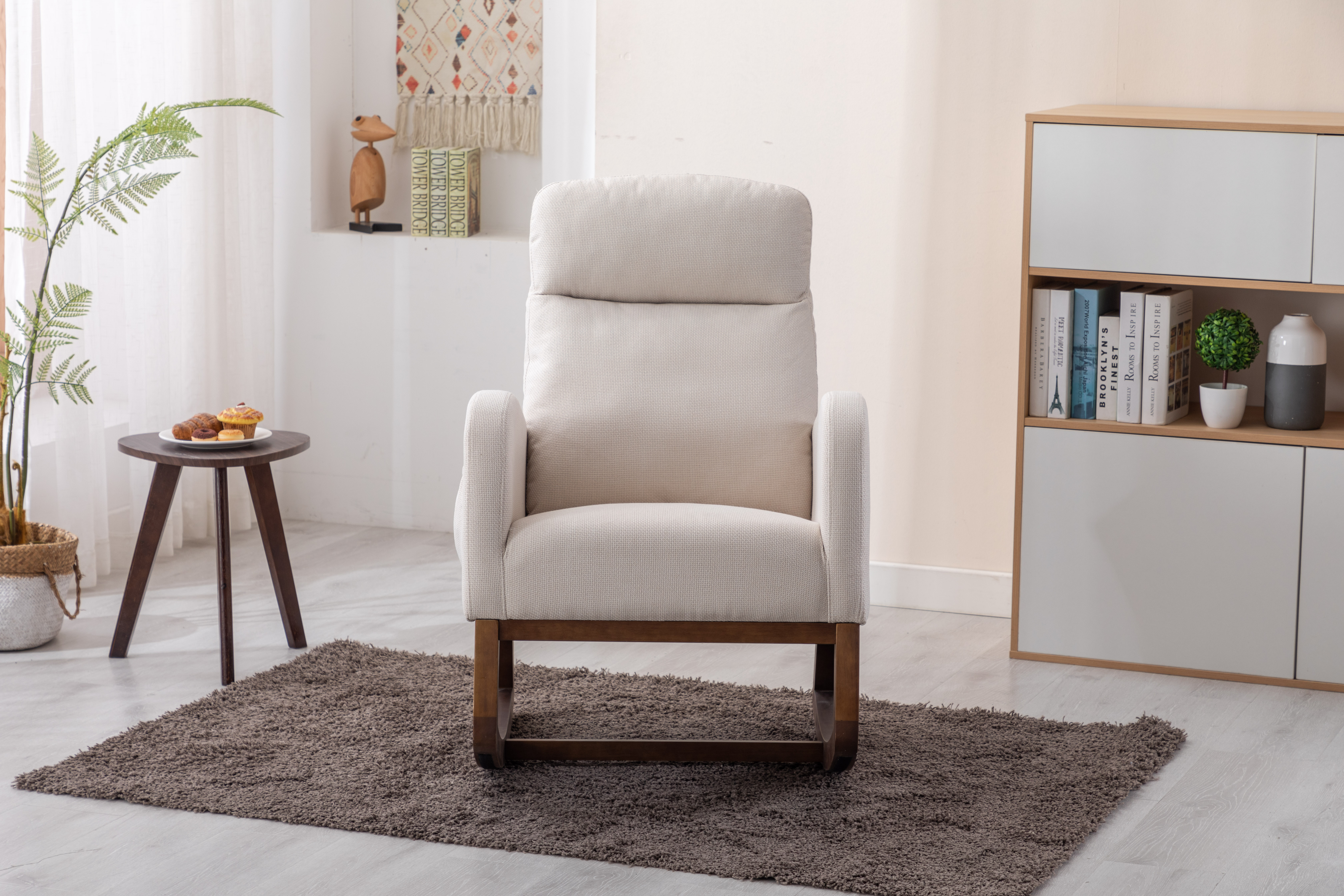 COOLMORE Rocking Chair, Modern Glider Chair, Recliner Armchair with Wood Legs and Side Pocket, Nursery Rocking Accent Chair with High Back for Living Room Bedroom (Beige linen)