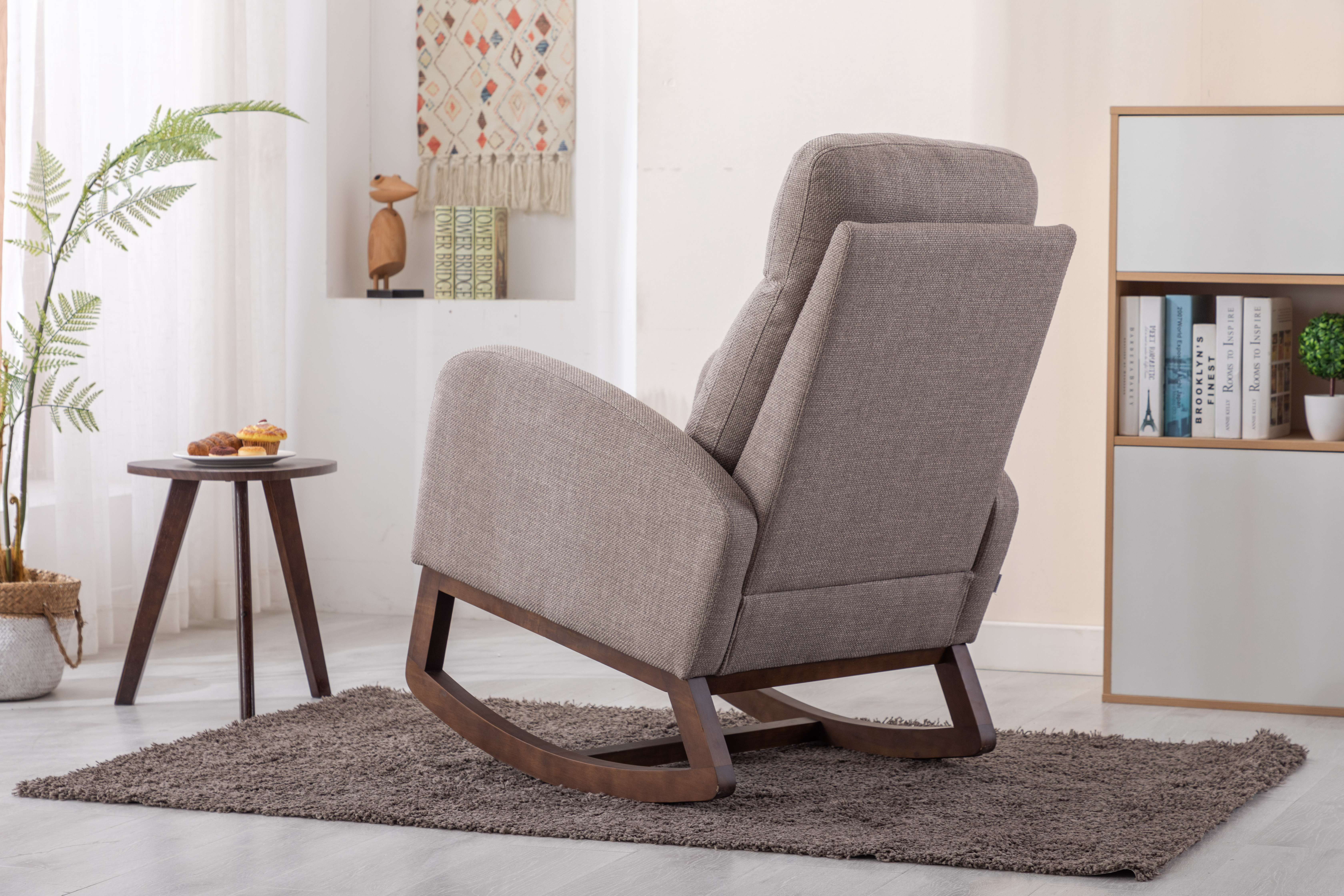 COOLMORE Rocking Chair, Modern Glider Chair, Recliner Armchair with Wood Legs and Side Pocket, Nursery Rocking Accent Chair with High Back for Living Room Bedroom (Grey linen)