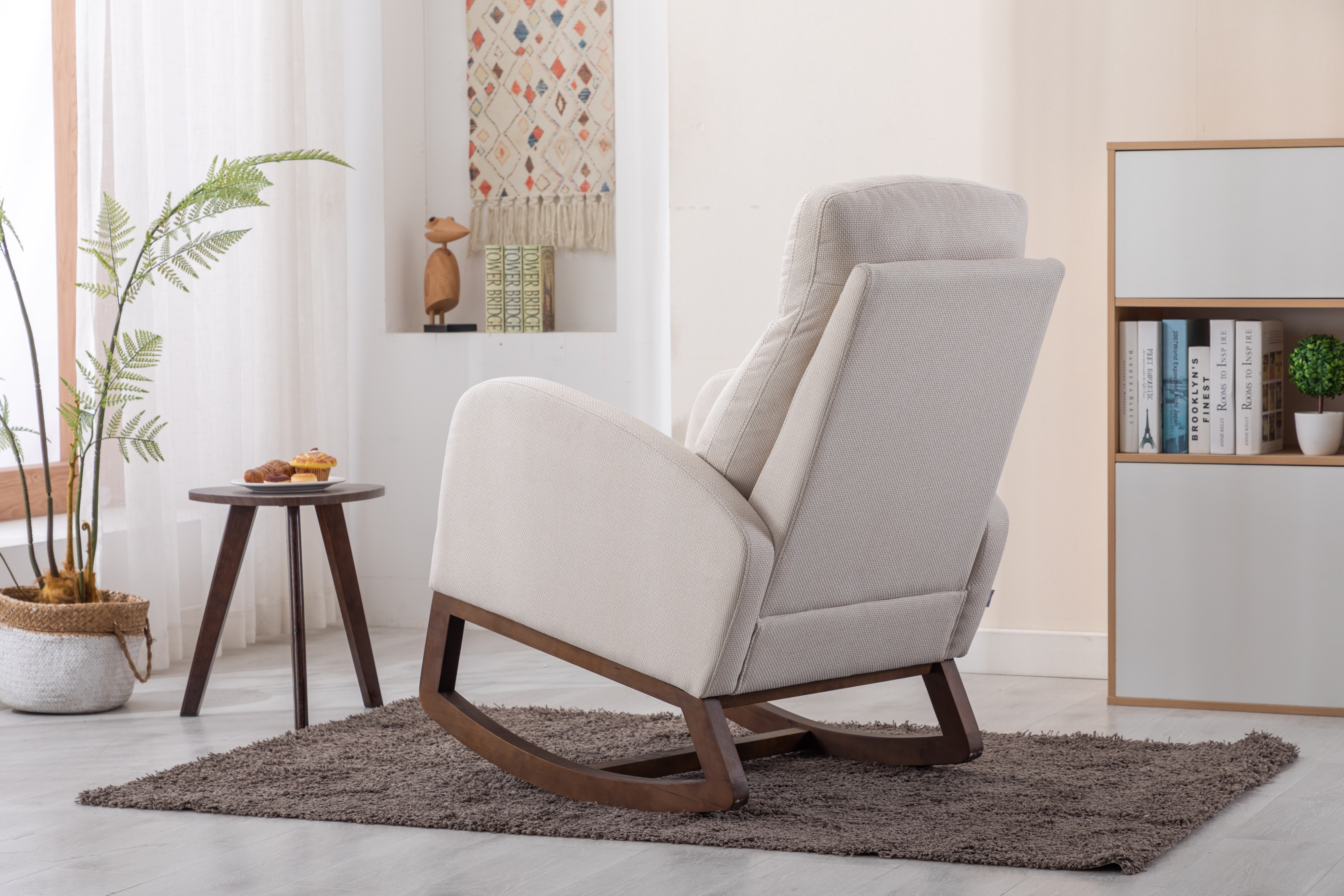 COOLMORE Rocking Chair, Modern Glider Chair, Recliner Armchair with Wood Legs and Side Pocket, Nursery Rocking Accent Chair with High Back for Living Room Bedroom (Beige linen)