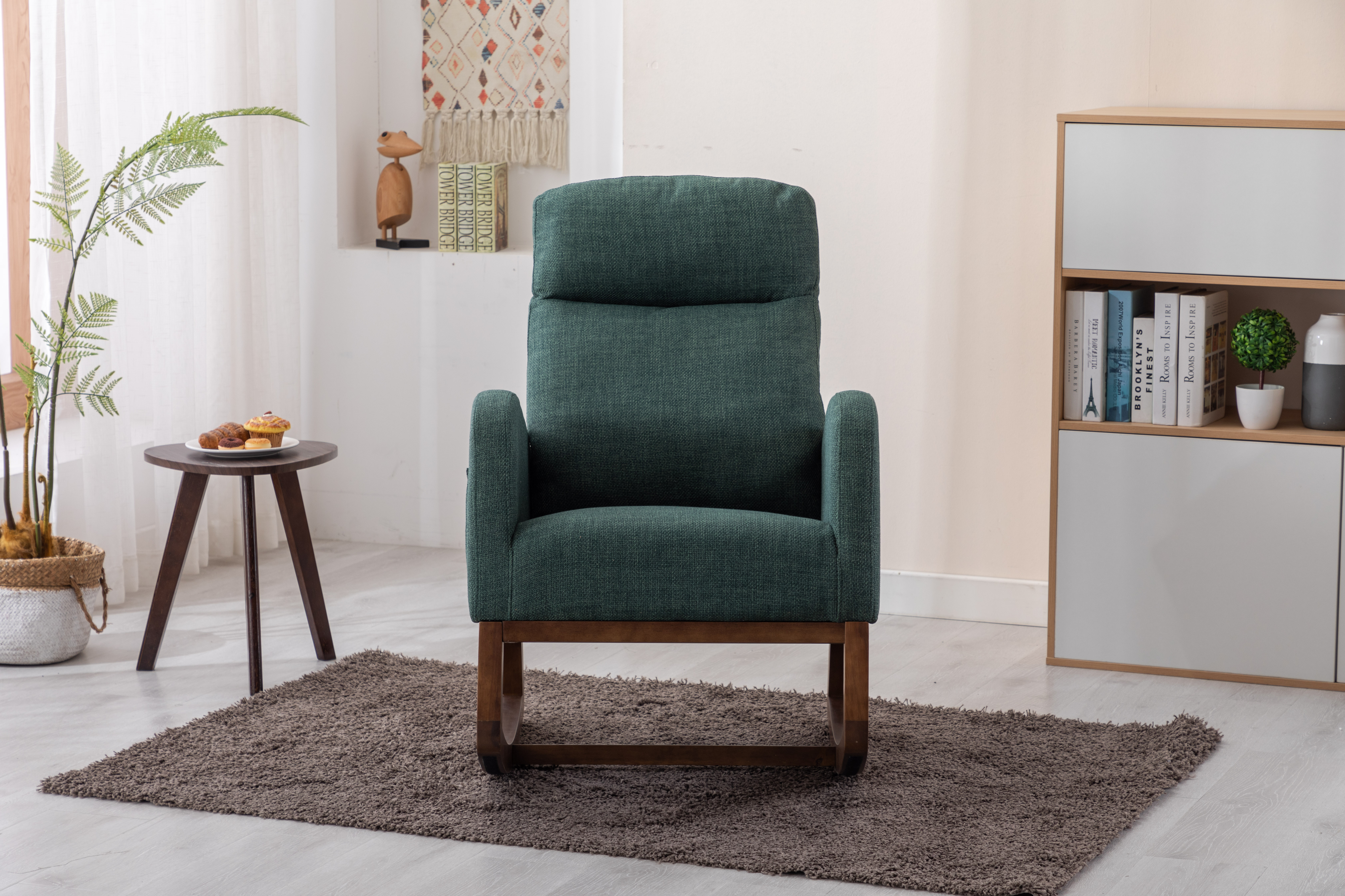 COOLMORE Rocking Chair, Modern Glider Chair, Recliner Armchair with Wood Legs and Side Pocket, Nursery Rocking Accent Chair with High Back for Living Room Bedroom (Emerald linen)