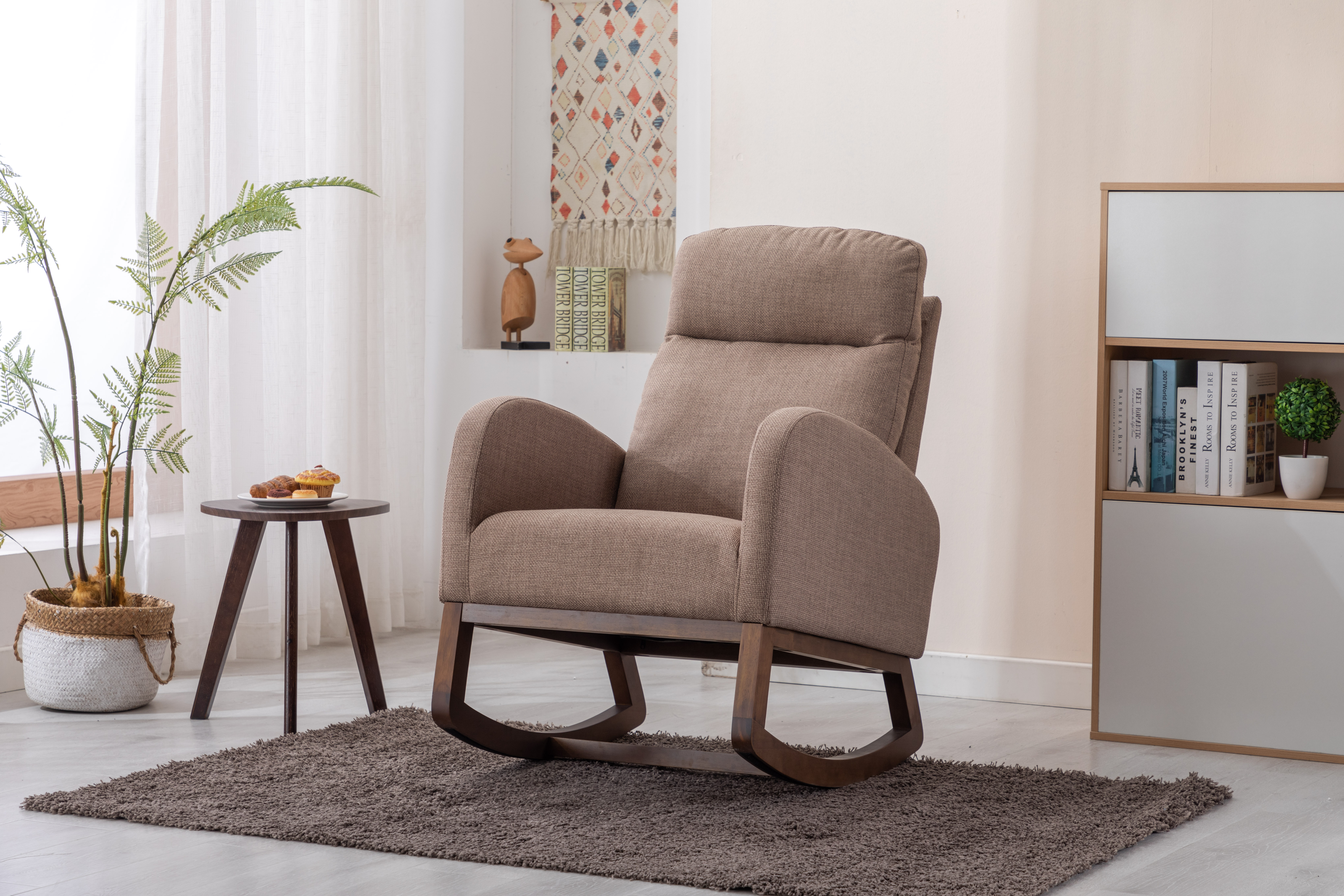 COOLMORE Rocking Chair, Modern Glider Chair, Recliner Armchair with Wood Legs and Side Pocket, Nursery Rocking Accent Chair with High Back for Living Room Bedroom (Camel linen)