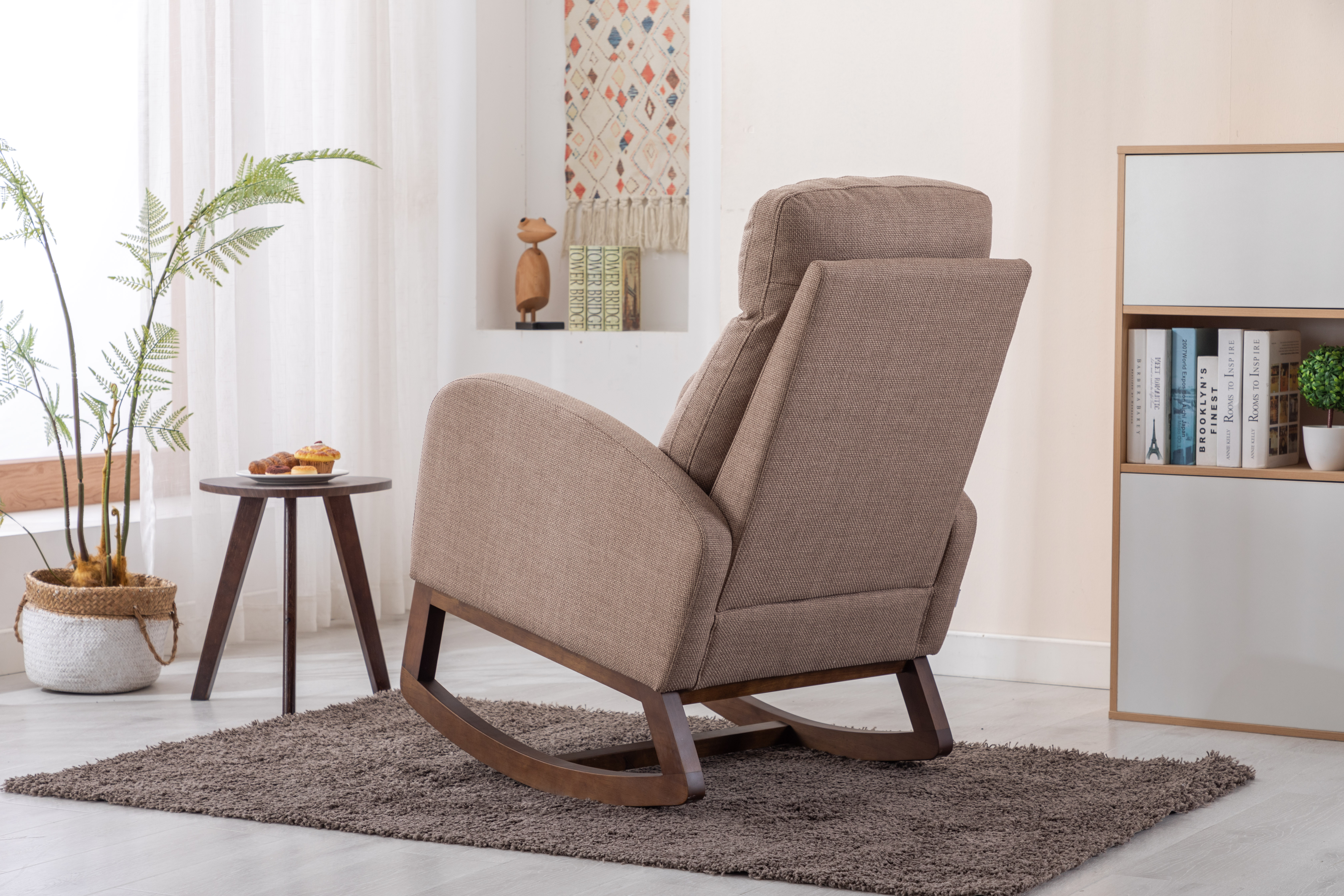 COOLMORE Rocking Chair, Modern Glider Chair, Recliner Armchair with Wood Legs and Side Pocket, Nursery Rocking Accent Chair with High Back for Living Room Bedroom (Camel linen)