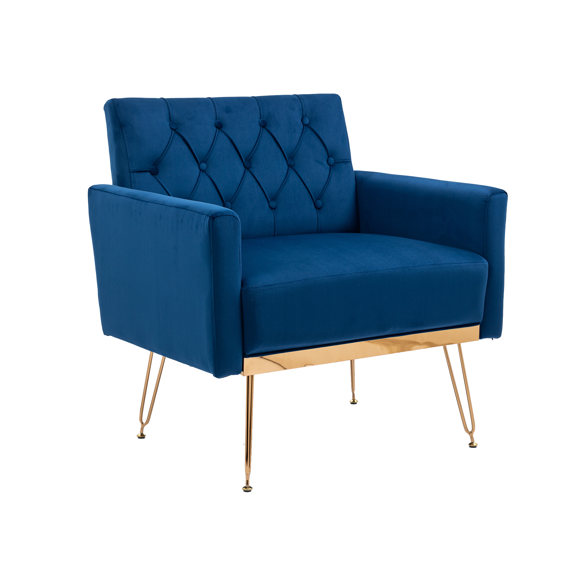 COOLMORE Velvet Armchair Single Sofa Modern Tufted Upholstered Side Reading Chairs with Arm and Gold Metal Leg for Living Room Bedroom (Navy )