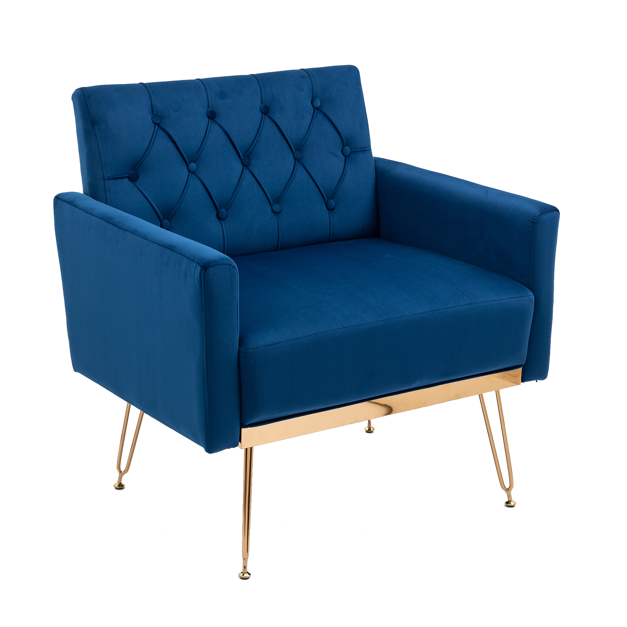 COOLMORE Velvet Armchair Single Sofa Modern Tufted Upholstered Side Reading Chairs with Arm and Gold Metal Leg for Living Room Bedroom (Navy )