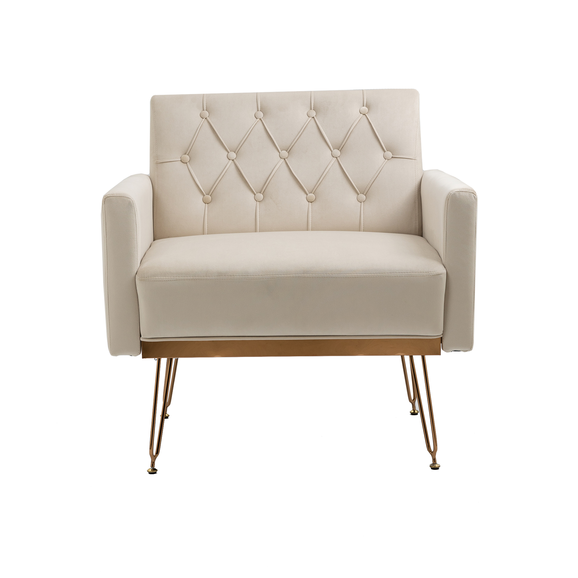 COOLMORE Velvet Armchair Single Sofa Modern Tufted Upholstered Side Reading Chairs with Arm and Gold Metal Leg for Living Room Bedroom ( Beige )