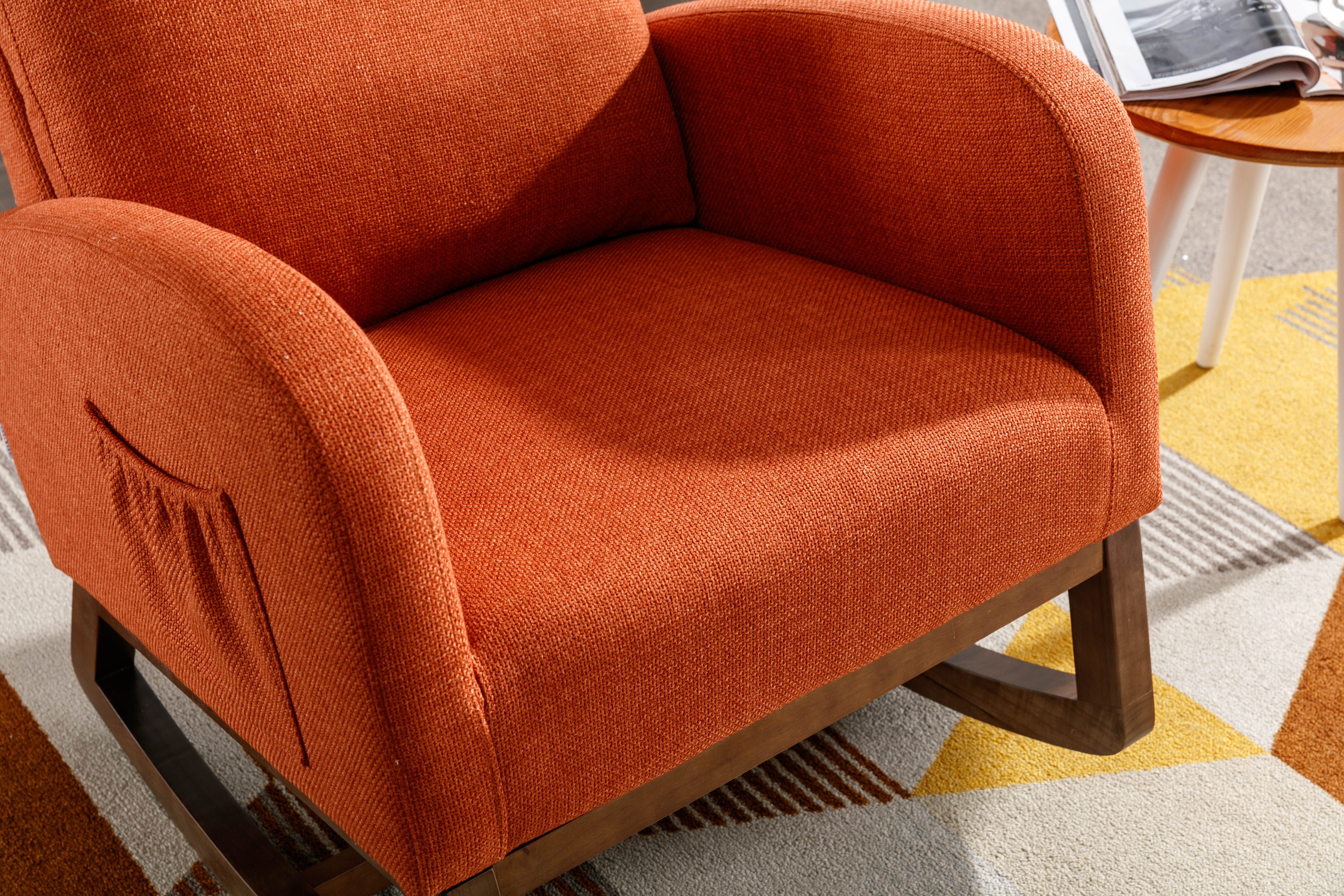 COOLMORE Rocking Chair, Modern Glider Chair, Recliner Armchair with Wood Legs and Side Pocket, Nursery Rocking Accent Chair with High Back for Living Room Bedroom (Orange linen)