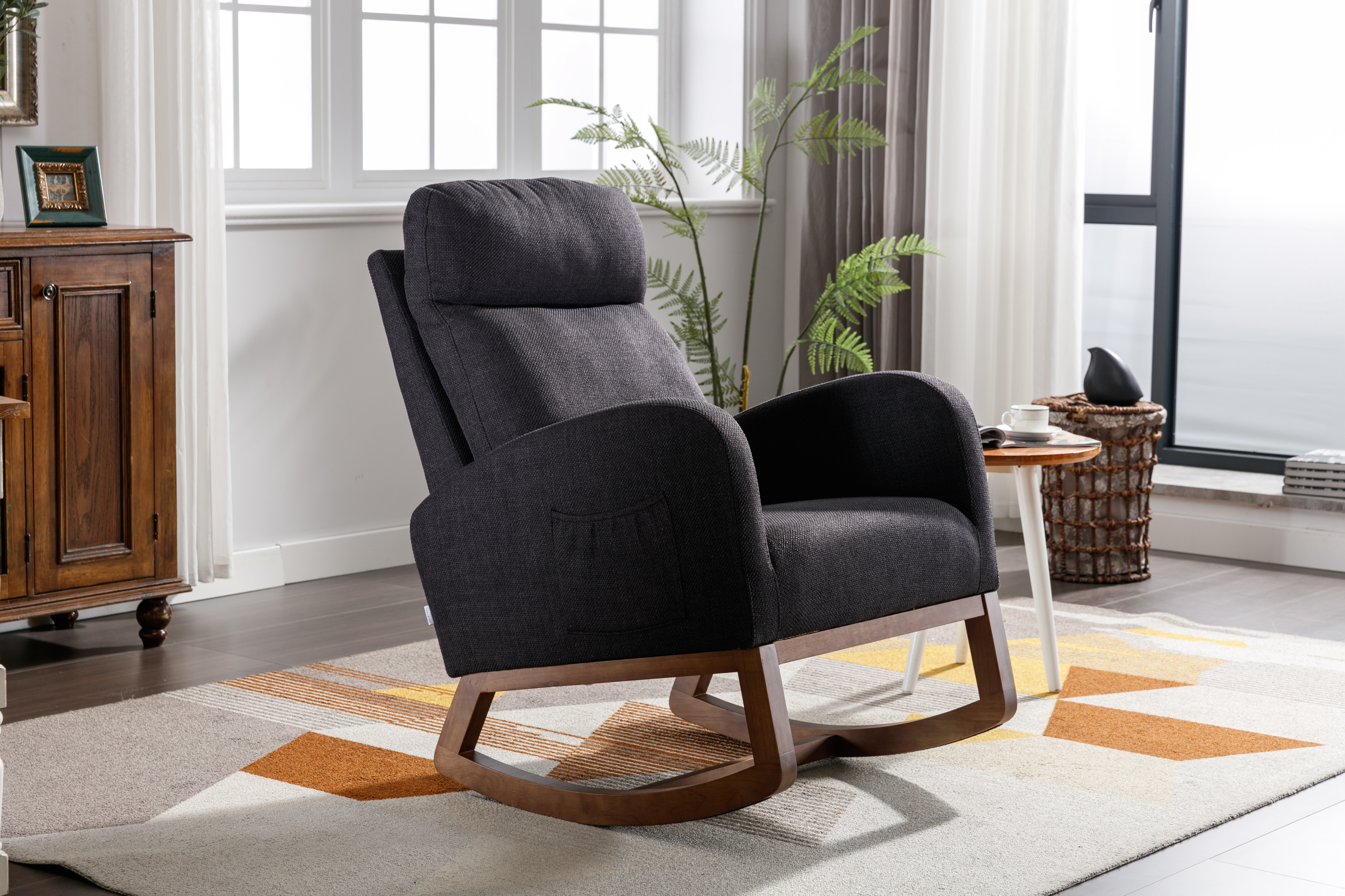 COOLMORE Rocking Chair, Modern Glider Chair, Recliner Armchair with Wood Legs and Side Pocket, Nursery Rocking Accent Chair with High Back for Living Room Bedroom (Black linen)